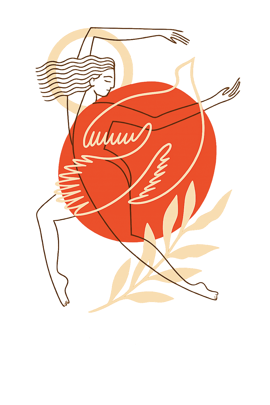 A digital artwork featuring a stylized outline of a woman with flowers, leaves, and a large orange circle background. Text below reads 'International Collaboration Scholarships'.