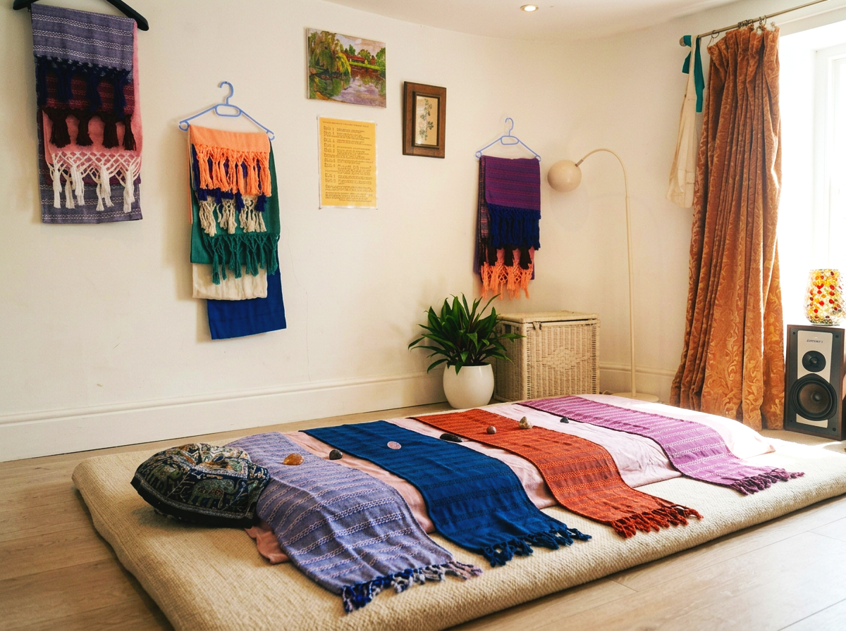 A room with a low beige cushion on the floor, topped with colorful woven scarves or blankets arranged in a row with rocks on each. Wall decorations include woven textile pieces, paintings, and framed art. A potted plant sits in front of a wicker box, with a standing lamp nearby. A window with patterned curtains is partially open, with a speaker on the floor and a decorative lamp on a small side table.