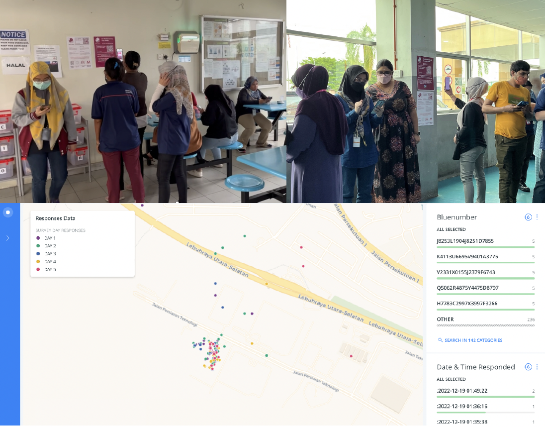 People in line and waiting at a healthcare or vaccination clinic inside a building with large windows, some are using mobile phones, and there is a notice board with informational posters on the wall.