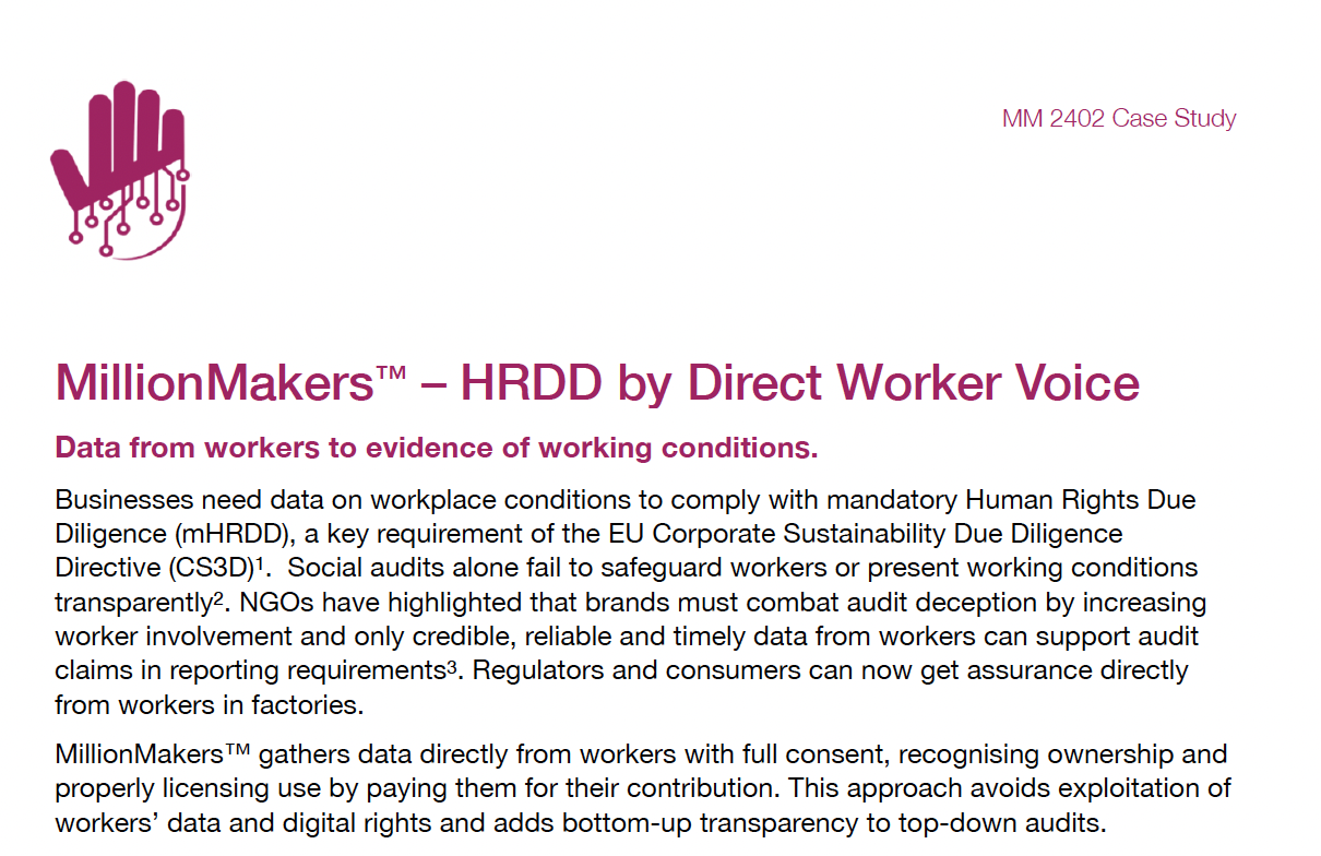 Document titled 'MillionMakers™ - HRDD by Direct Worker Voice' with a logo of a hand and circuit lines in purple at the top left.