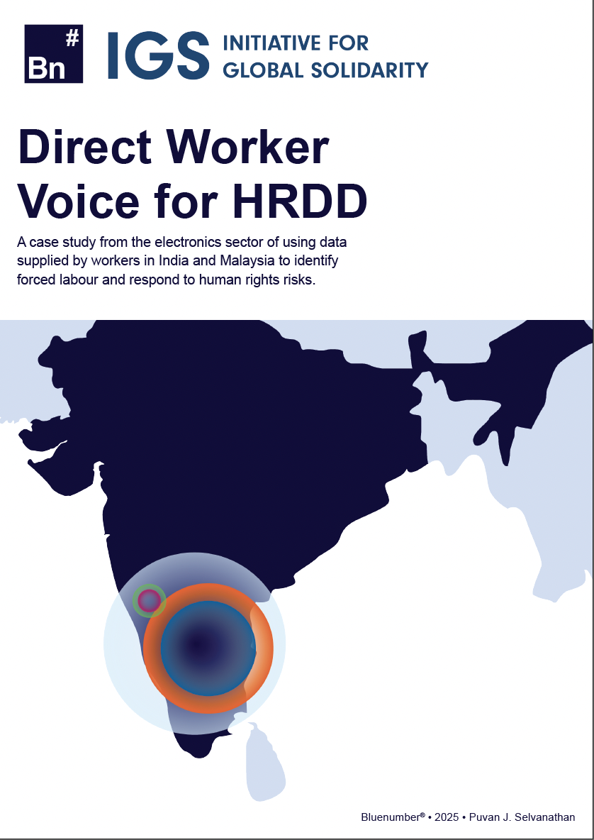 Cover page of a report titled "Direct Worker Voice for HRDD" by IGS Initiative for Global Solidarity showing a simplified map of India with highlighted data points in the south.
