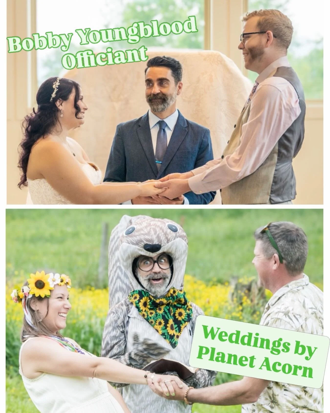 Two weddings. Two vibes. One Bobby.

Yesterday&rsquo;s (staged) photo shoot captured something I love most about what I offer as an officiant: your ceremony can be exactly your style.

One is timeless, warm, and traditional with Bobby Youngblood.
The