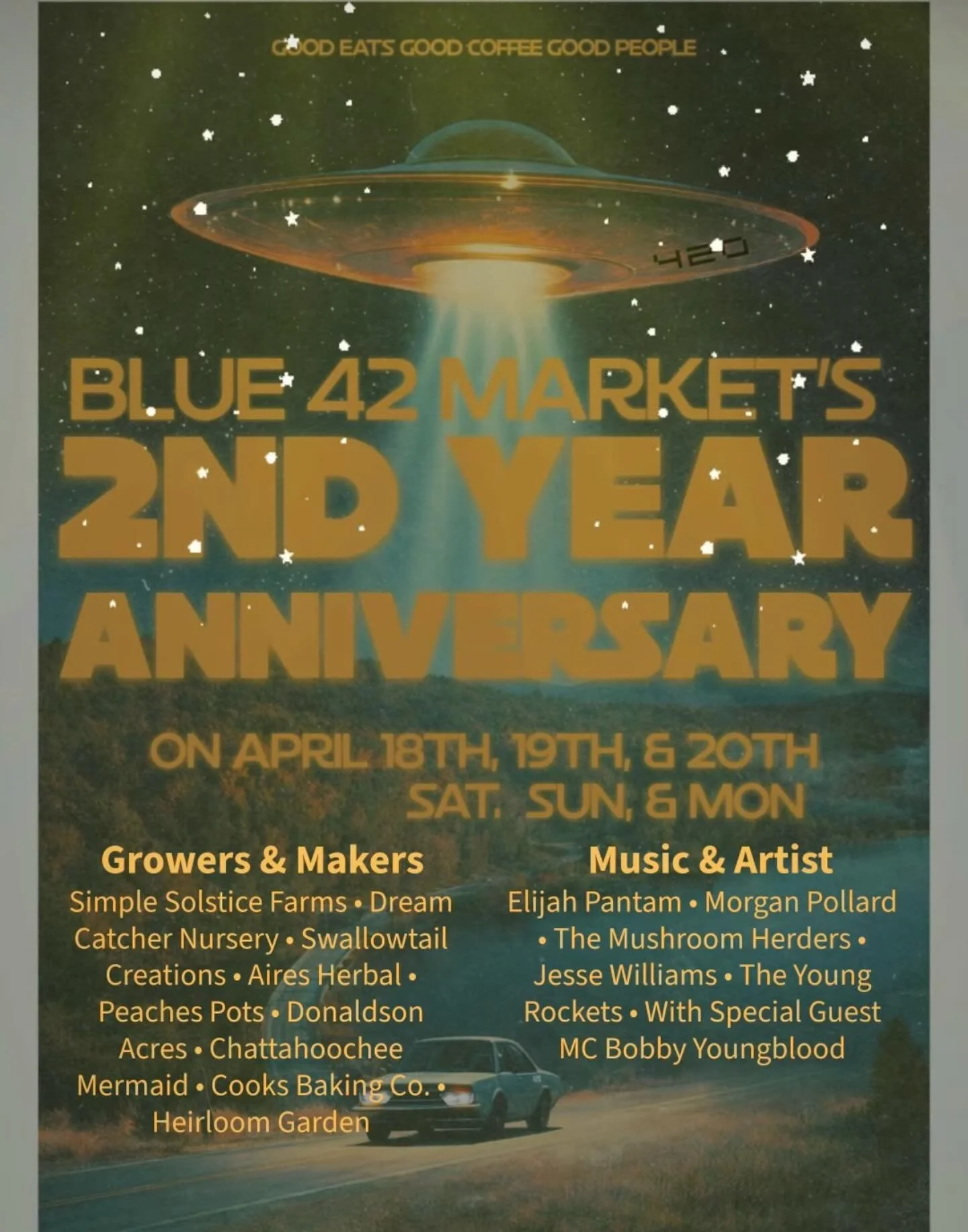 Just a few steps off the square this weekend! Farmers&rsquo; market, artists and LIVE music! Hang at the Blue 42 coffee shop and bakery this weekend for the Bear on the Square! @PlanetAcorn will be hosting the entertainment Saturday 12-6 and the fun 