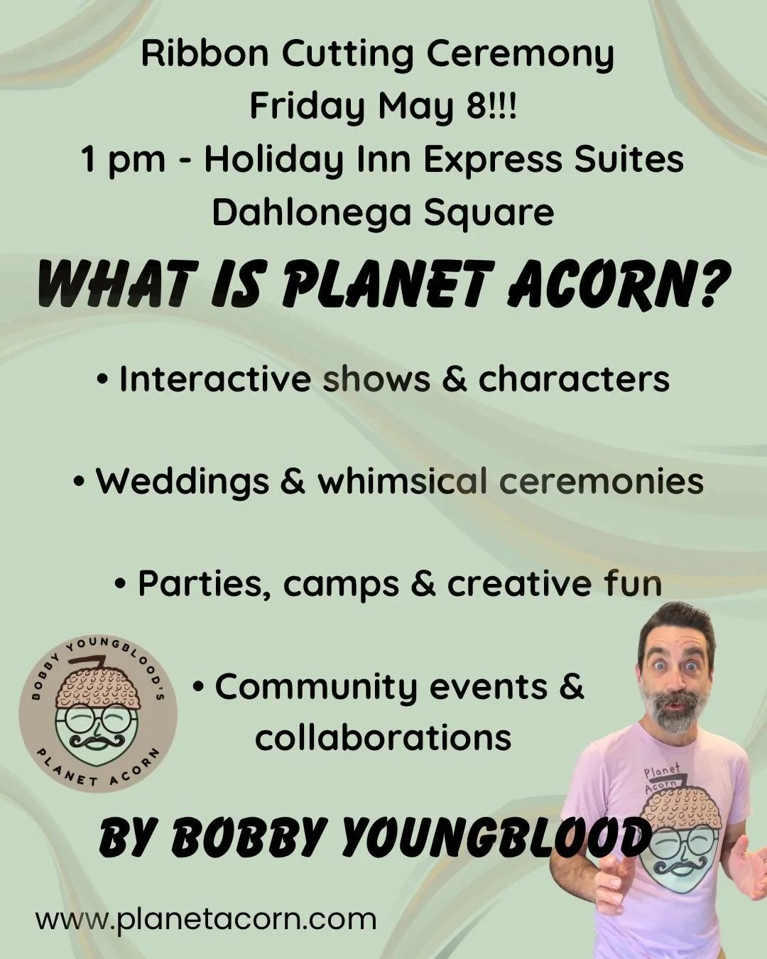 Something a little magical is happening in town&hellip; 🌎🌰

Come celebrate the official launch of Bobby Youngblood&rsquo;s Planet Acorn on May 8!
Swing by the Holiday Inn Express Suites on the Dahlonega Square at 12:45 PM and catch the ribbon cutti