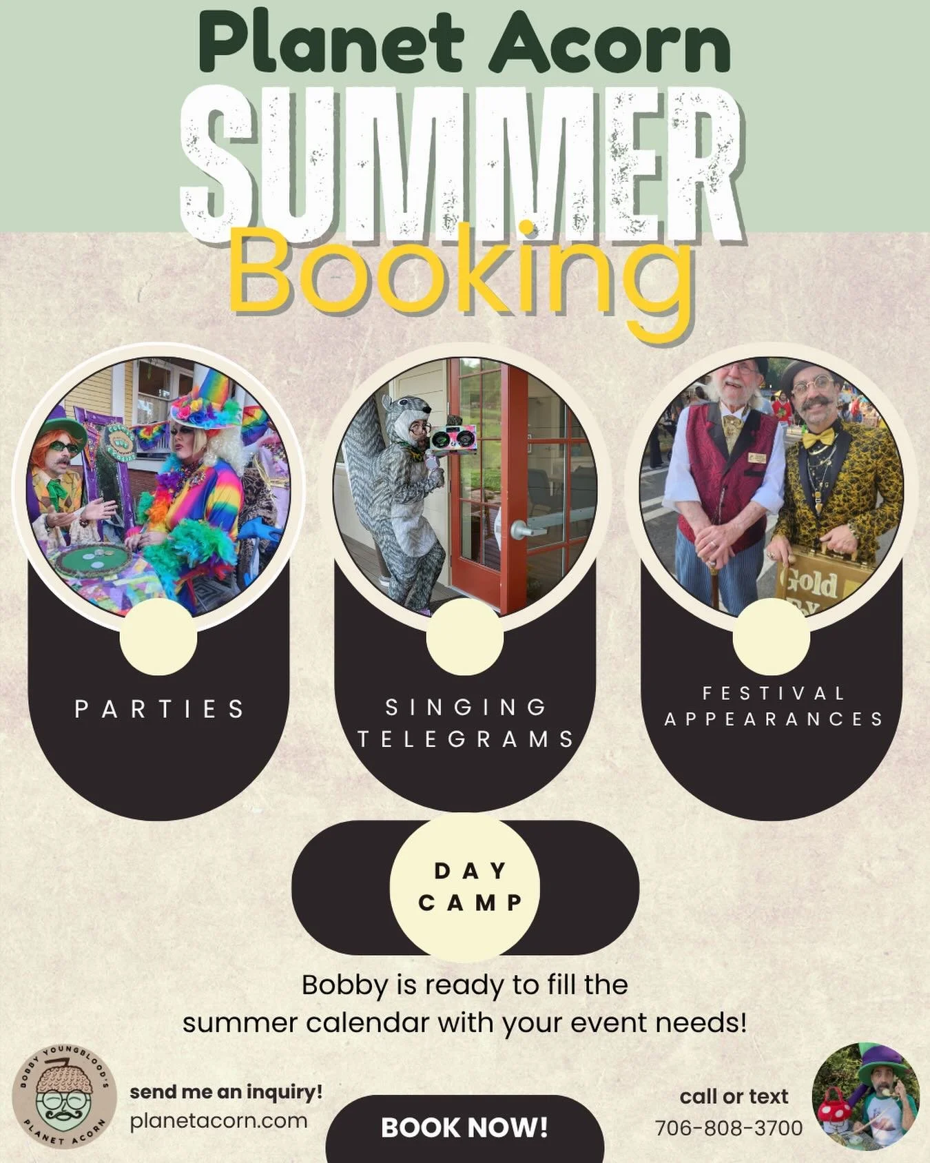 ☀️ Summer bookings are OPEN at  Planet Acorn￼ 🌰

Now booking parties, Bold &amp; Brilliant Day Camp, singing telegrams, festivals, character appearances, and all kinds of wonderfully weird adventures ✨

If you&rsquo;ve been thinking about booking so