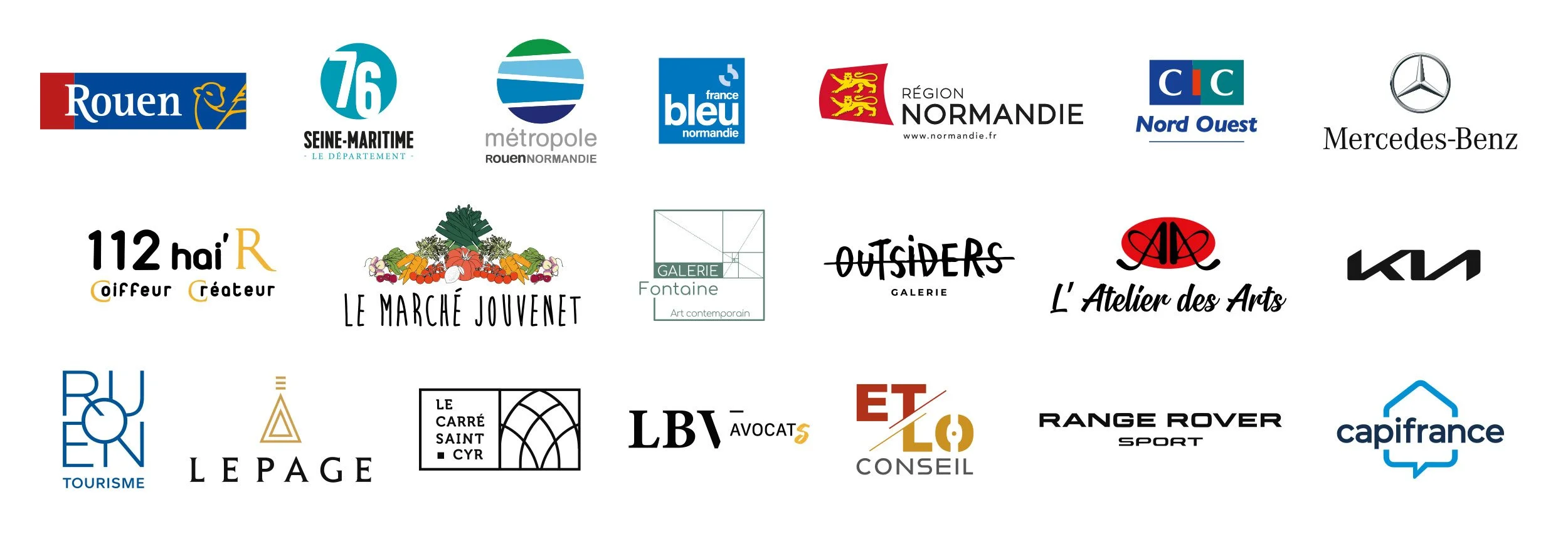 Collection de logos de diverses organisations, régions, entreprises et associations françaises, notamment Rouen, Seine-Maritime, Métropole Rouen Normandie, France Bleu Normandie, Région Normandie, CIC Nord Ouest, Mercedes-Benz, 112 Haut, Le Marché Jouvnet, Galerie Fontina, Outsiders Galerie, L'Atelier des Arts, Kia, RUE Tourisme, Le Page, Le Carré Saint Cyr, LBV Avocats, ETLO Conseil, Range Rover Sport, Capifrance.