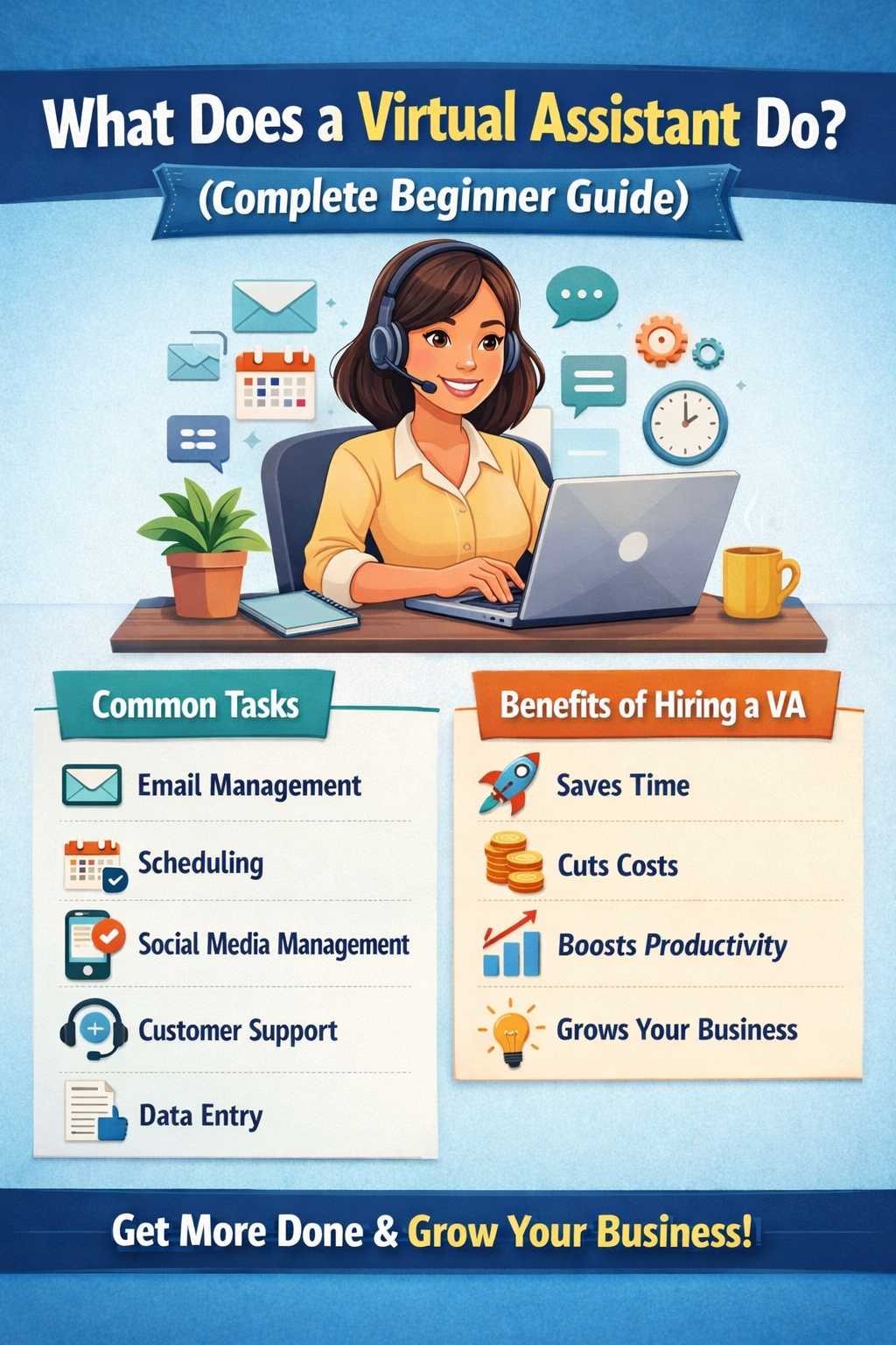 Virtual assistant working online showing tasks like email management scheduling and social media management for businesses. Virtual assistant working online showing tasks like email management scheduling and social media management for businesses