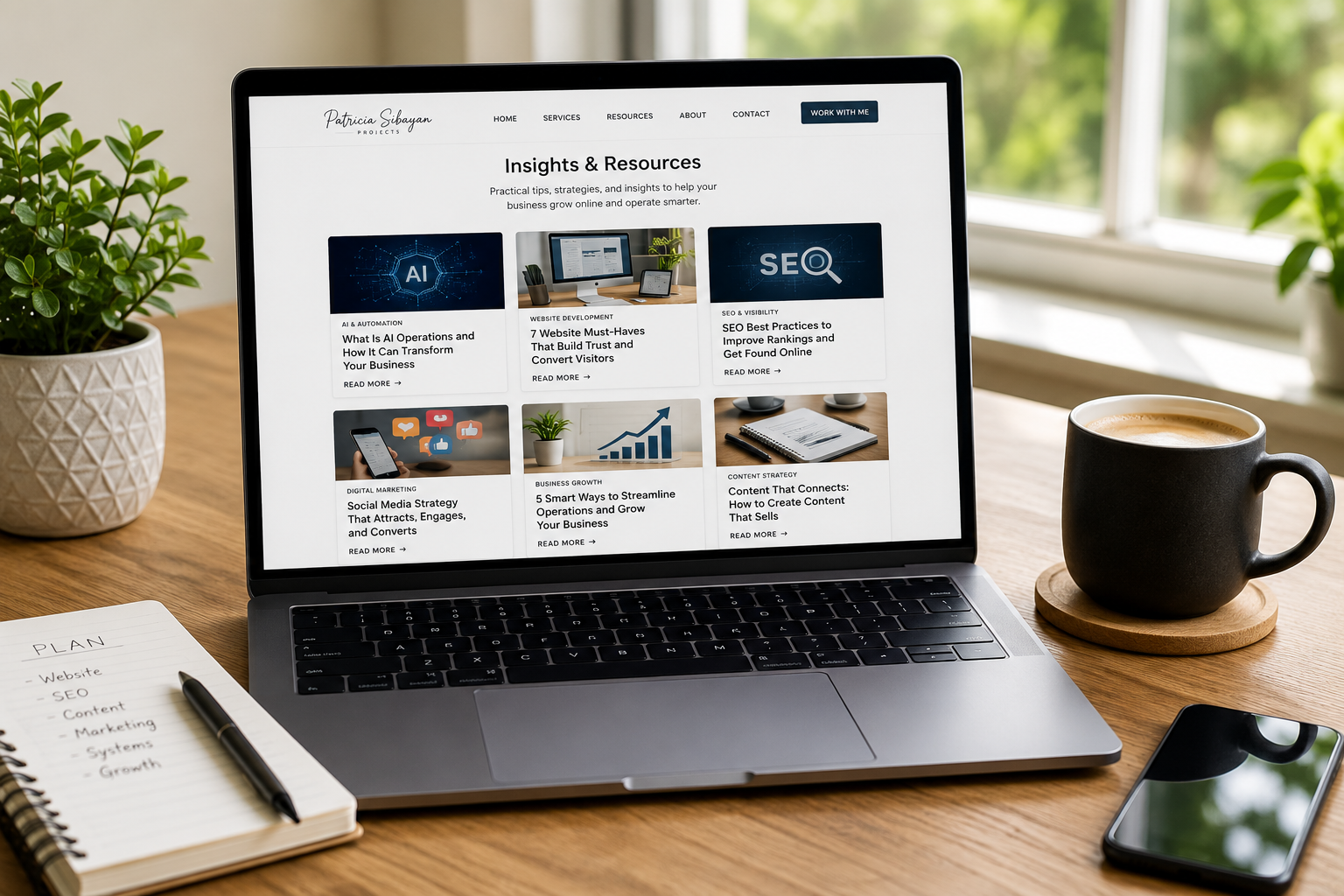 Modern laptop displaying business insights about AI operations, SEO, website development, digital marketing, and content strategy in a bright professional workspace.