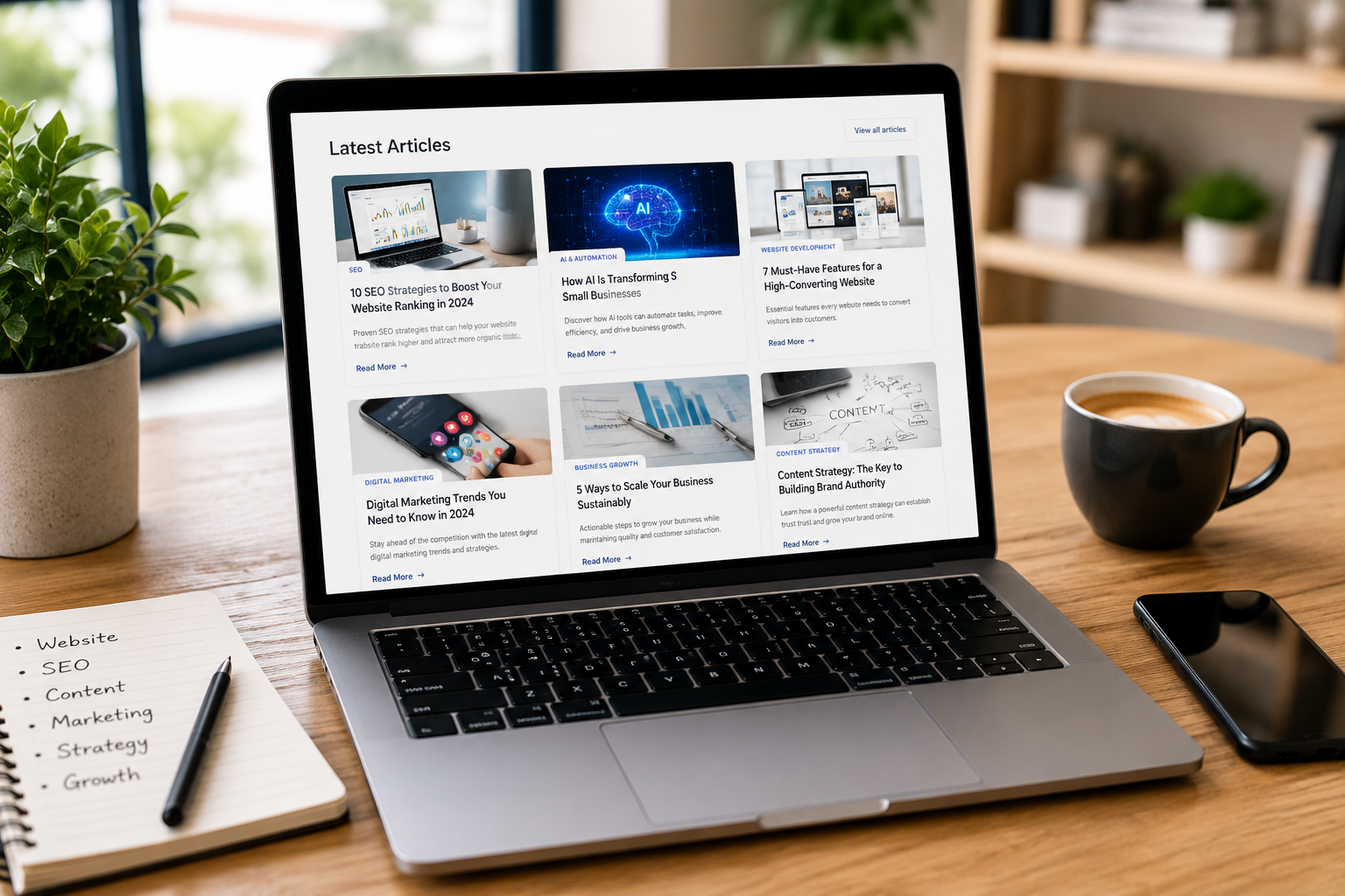 Modern workspace with a laptop displaying educational articles about AI, SEO, website development, digital marketing, and business growth on a clean wooden desk.