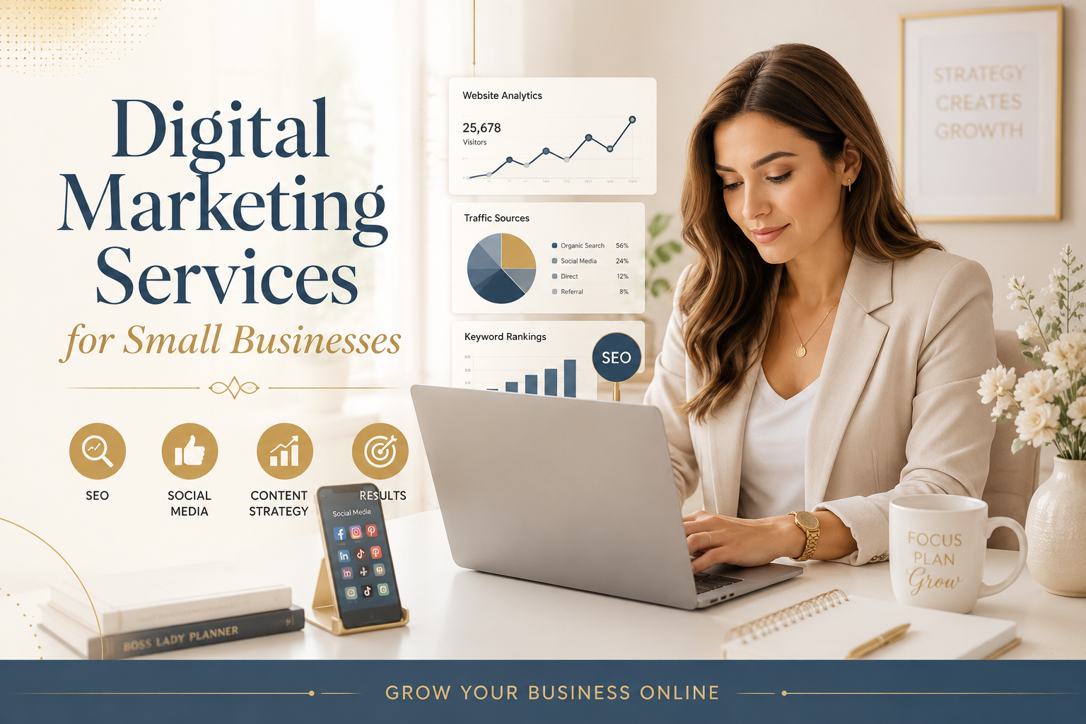 Professional female digital marketer working on laptop with social media analytics dashboard and marketing strategy tools.