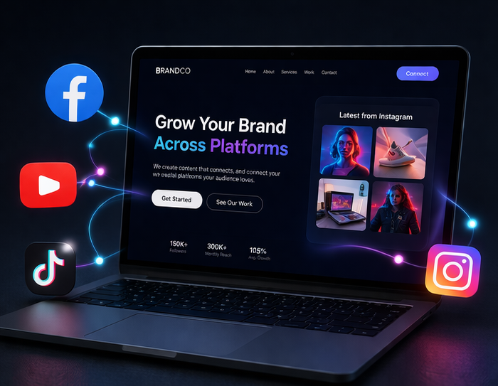 freelance website developer that connects across platforms like youtube, facebook, tiktok, instagram and twitter