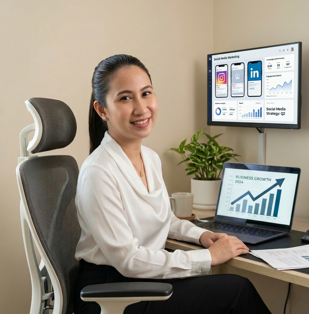 Freelancer Patricia Mupas Sibayan sitting on her desk, she helps small business grow from website buiding to project management, social media marketing and sales, content creation and bookkeeping.