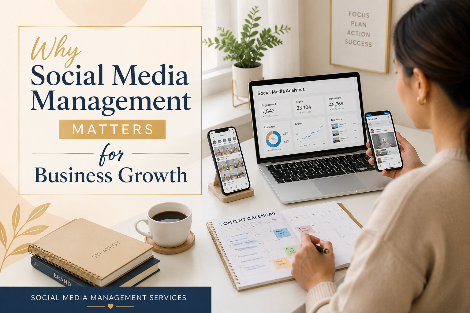 Professional social media manager creating content and managing business social media accounts on laptop and smartphone.