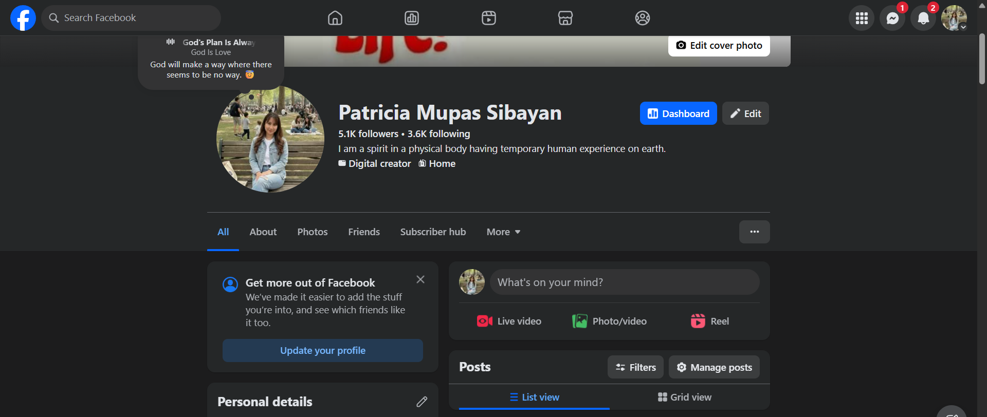 Facebook profile of the freelancer Patricia Mupas Sibayan, who helps small business and entrepreneurs to grow and have revenue.