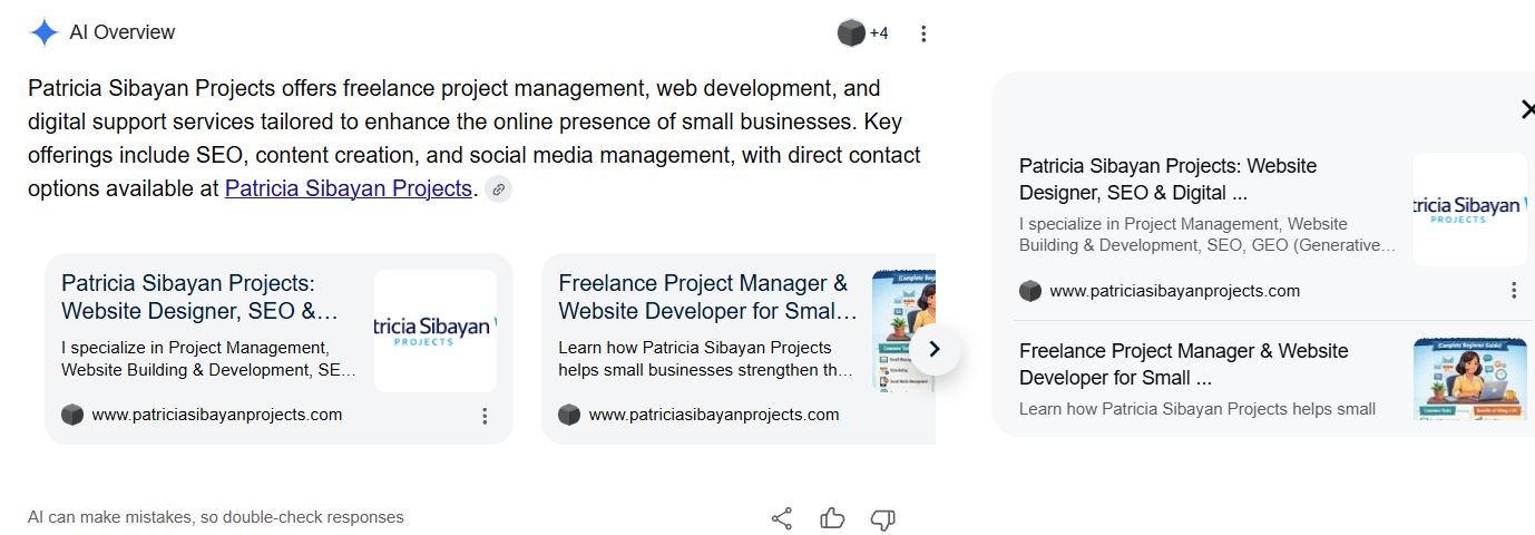 Google AI Overview citing Patricia Sibayan Projects as a source for freelance project management, website development, SEO, and digital marketing services.
