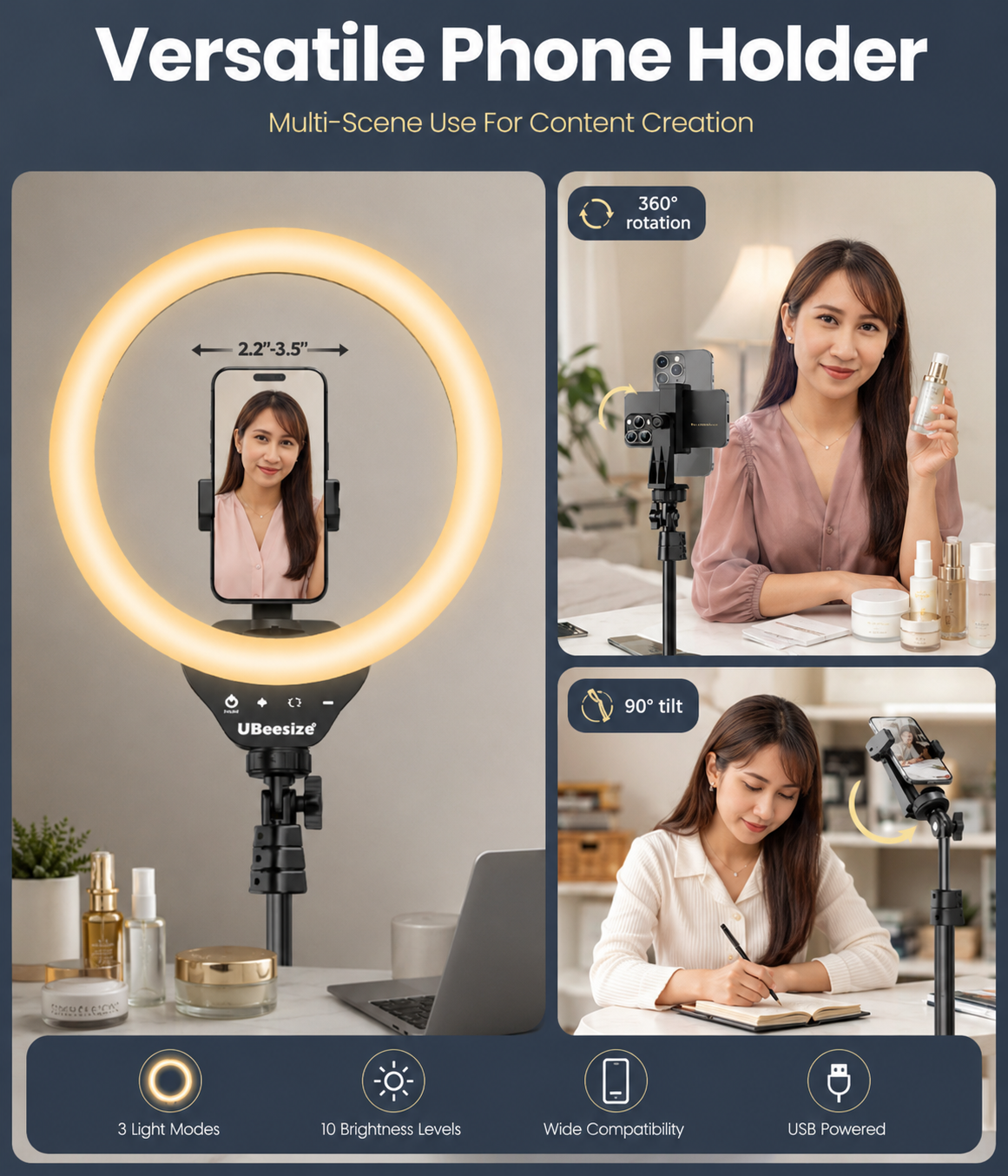 “Versatile phone holder ring light for content creators featuring a female model demonstrating beauty vlogging, video calls, online teaching, and desk work setup with adjustable 360-degree rotation and 90-degree tilt.”