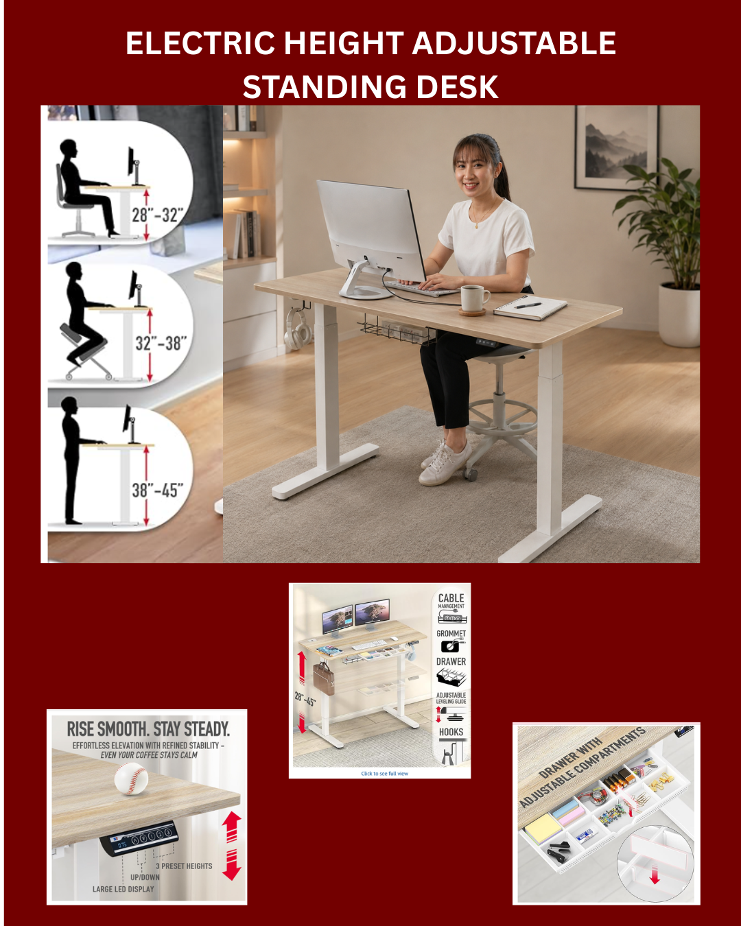 Virtual Assistant , FX Trader using an electric standing desk in a modern home office workspace.