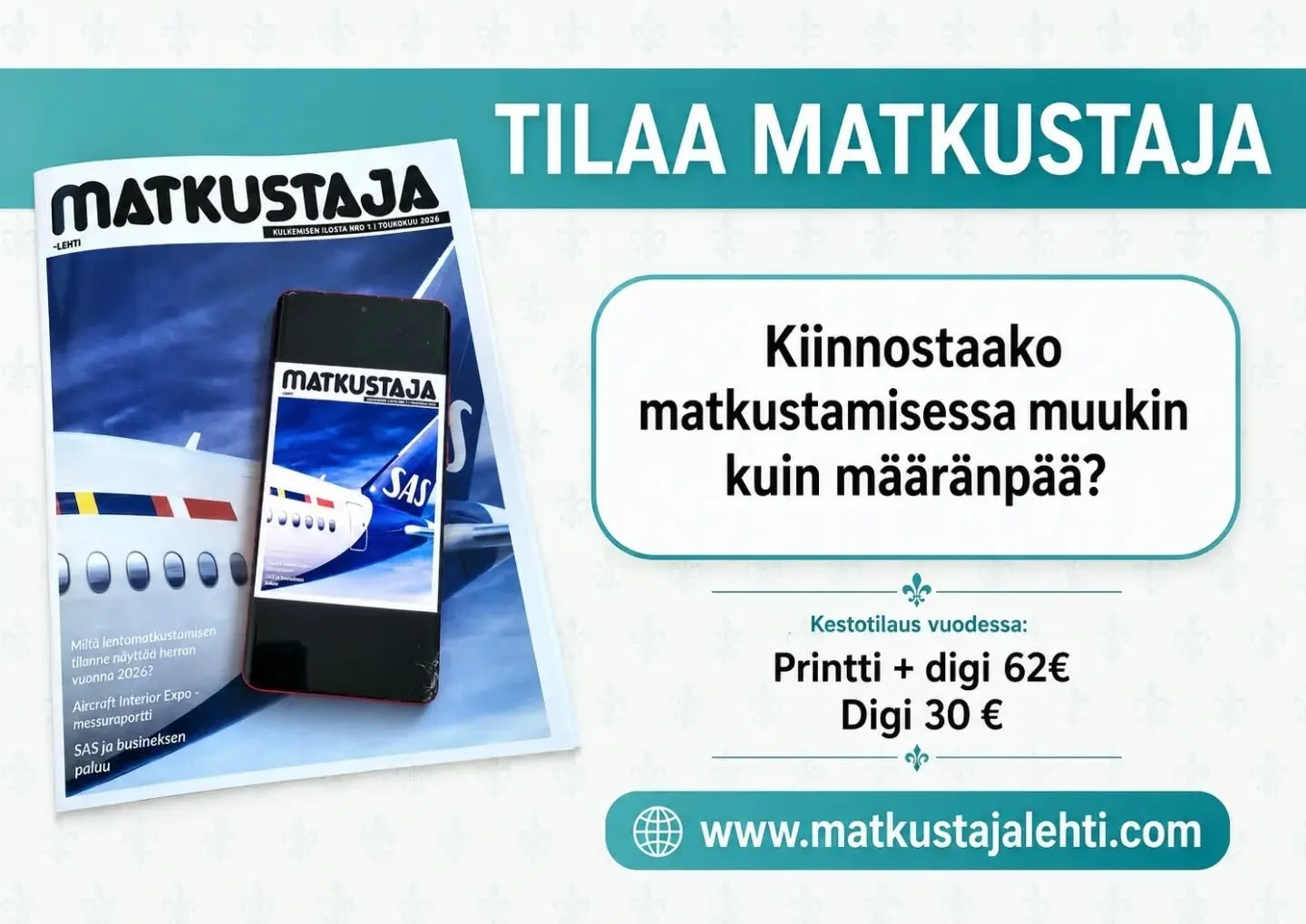 Tilaa Matkustaja, Suomen
ainoa matkustuskokemukseen keskittyv&auml;
julkaisu!

Saatavilla niin digin&auml; kuin painettuna.

@matkustajalehti
#Matkustaja
