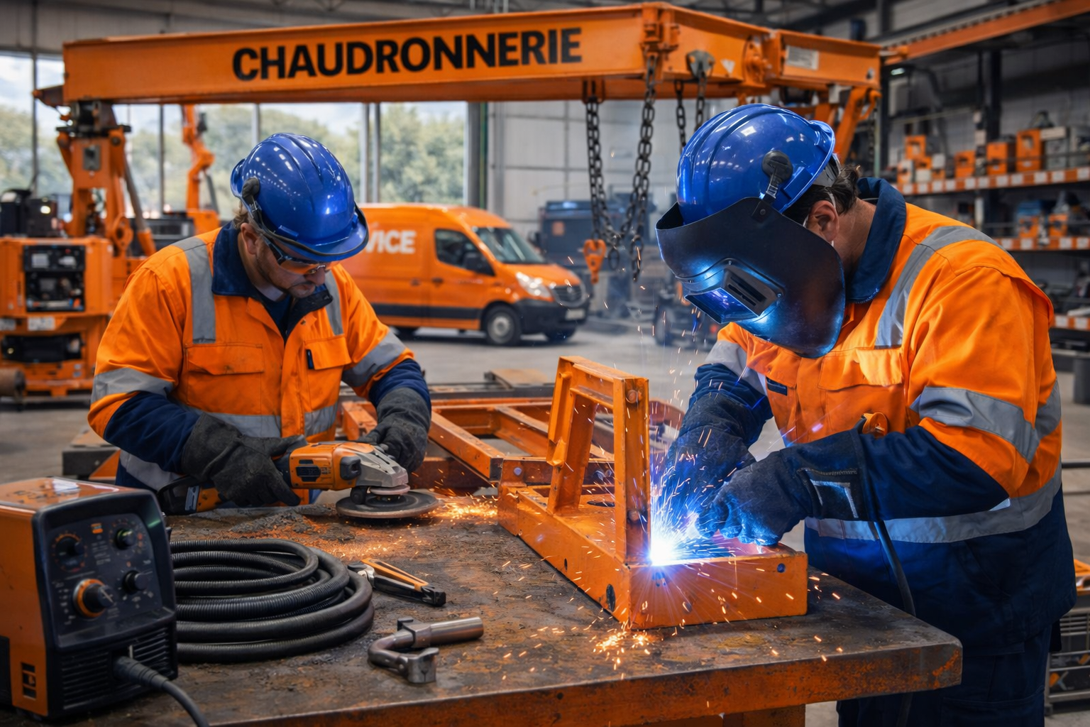 Deux travailleurs portant des uniforme orange et un casque bleu travaillent sur une pièce en métal dans une usine, utilisant une machine de soudage ou de ponçage, avec des étagères en arrière-plan, une camionnette orange et un panneau avec le mot "Chaudronnerie".