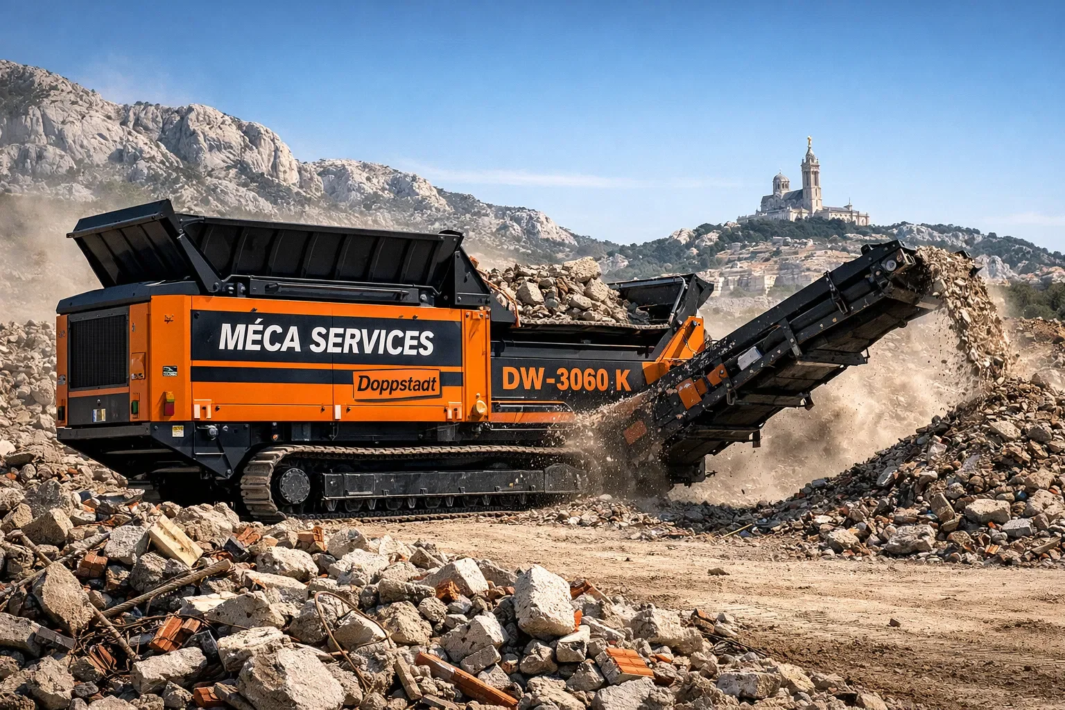 Machine excavatrice orange en action déplaçant des roches et déblayant un terrain rocailleux en plein jour avec un bâtiment en clair en arrière-plan.