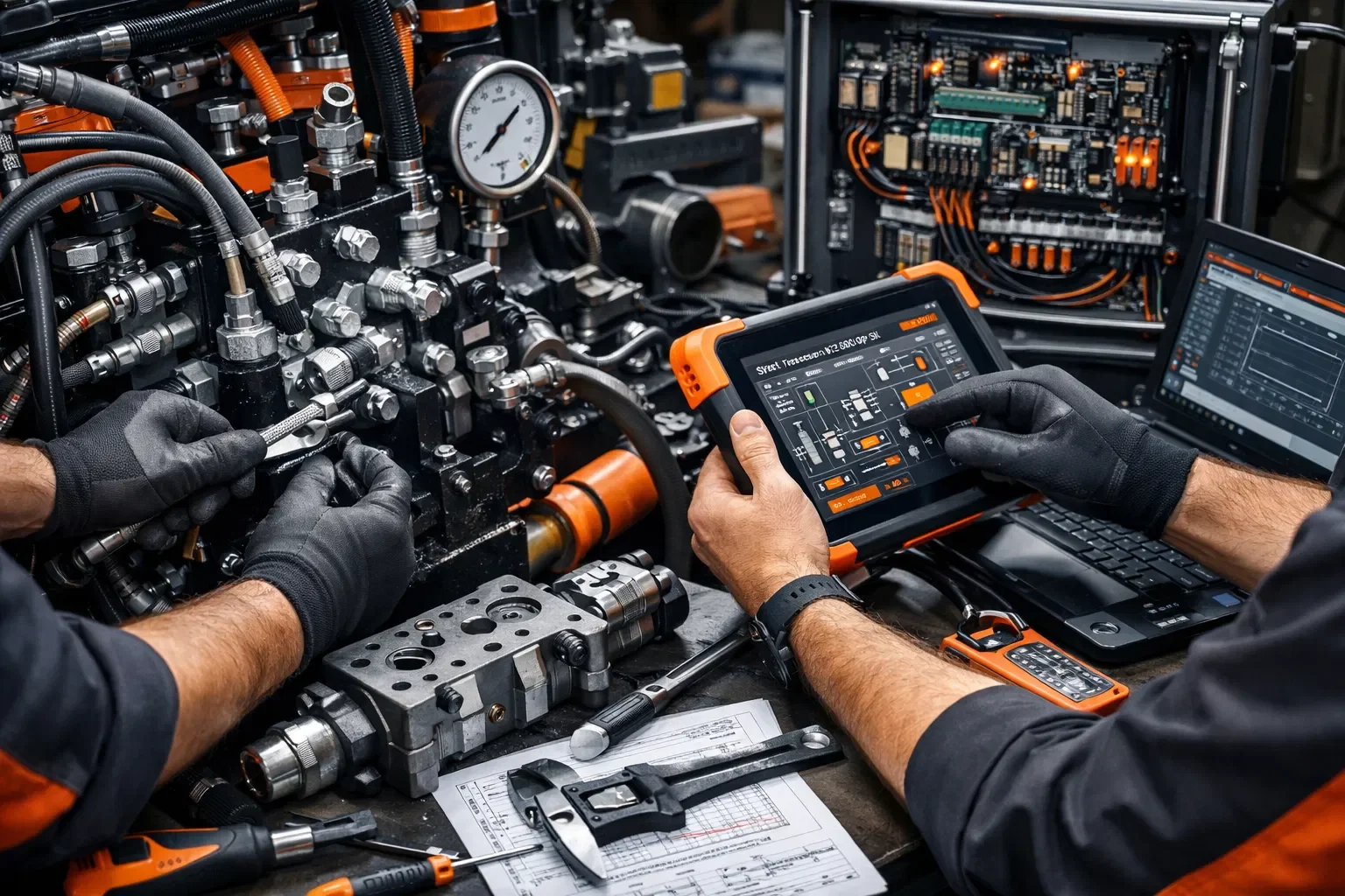 Deux techniciens travaillent sur une machine industrielle complexe avec des tubes, des valves et des instruments de contrôle. L'un manipule une pièce avec une clé, l'autre utilise une tablette pour contrôler le système. Éléments électroniques et un ordinateur portable sont également visibles sur le poste de travail.