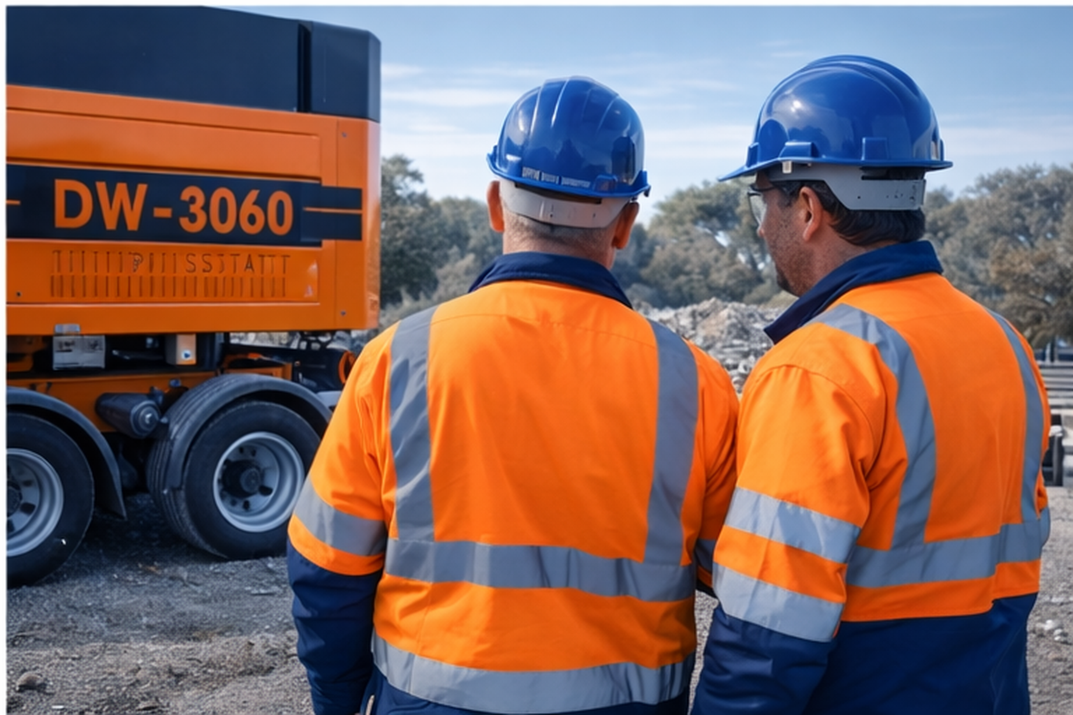 Deux ouvriers en gilets de sécurité orange et casques bleus sur un site de construction. Un camion orange avec l'inscription 'DW-3060' est visible en arrière-plan.