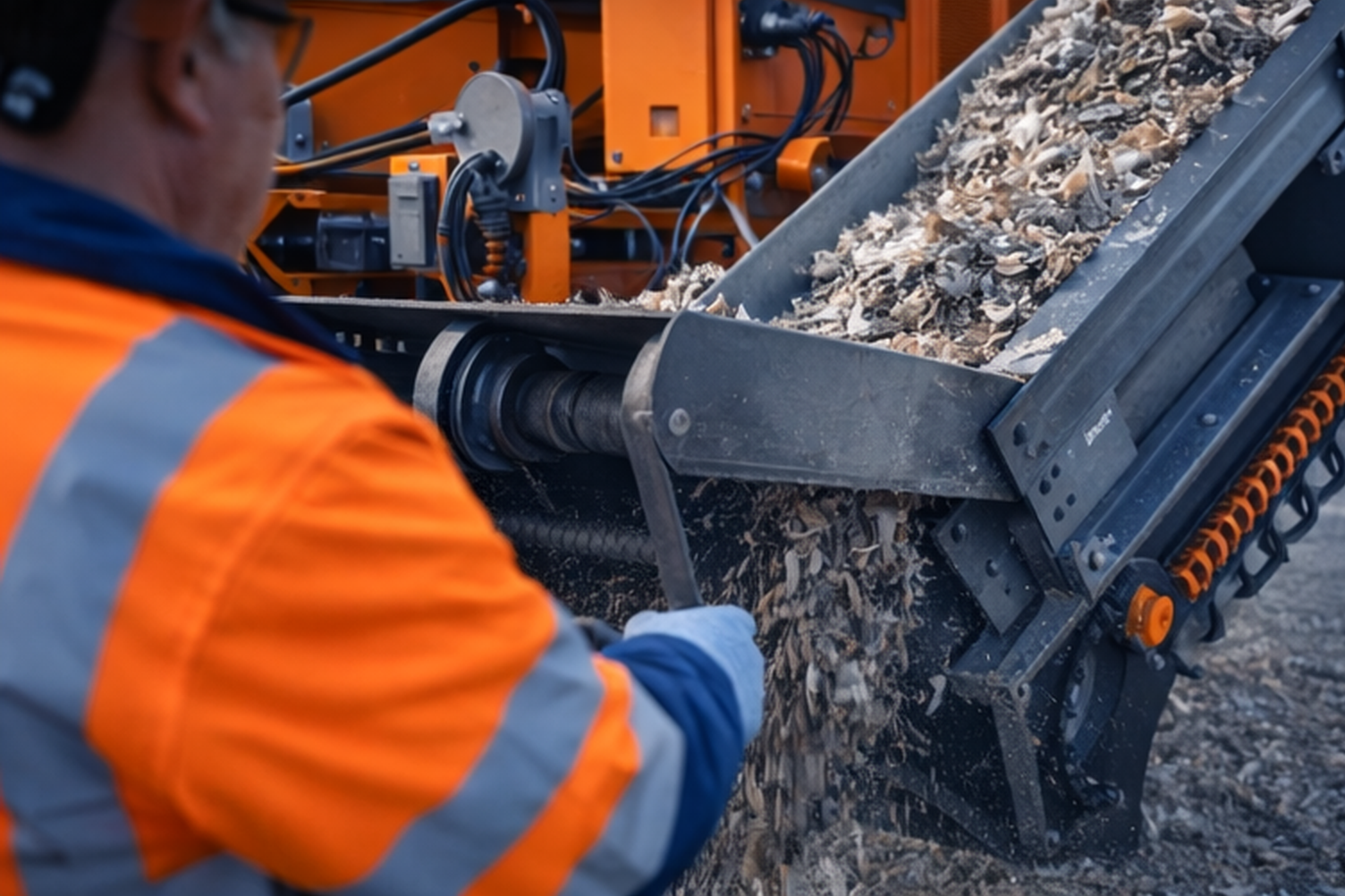 Travailleur en uniforme orange et bleu utilisant une machine de recyclage de débris de bois.