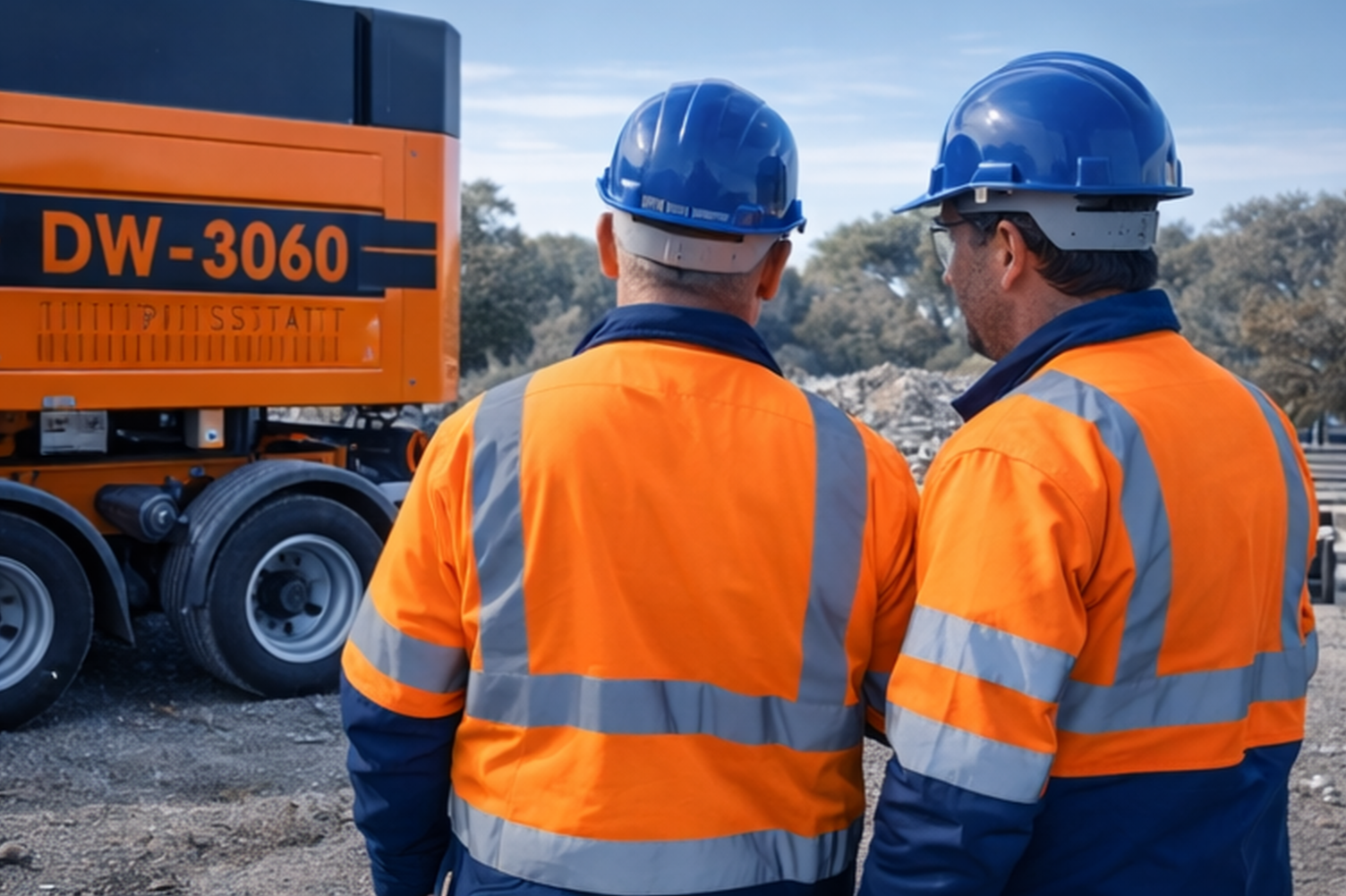Deux travailleurs portant des vestes orange et des casques bleus, discutant sur un site de construction ou de travaux avec une machine orange et des arbres en arrière-plan. Broyeuse Doppstadt sur un chantier dans le Sud de la France.