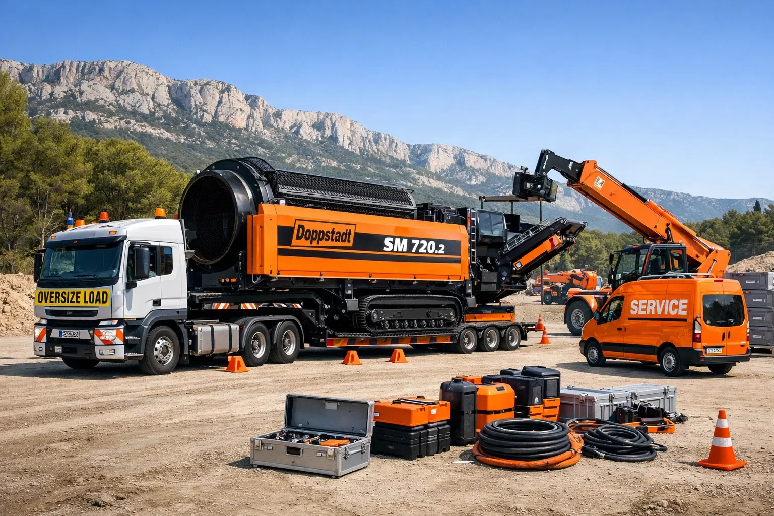 Camions et équipements de construction orange sur un site avec montagnes en arrière-plan.