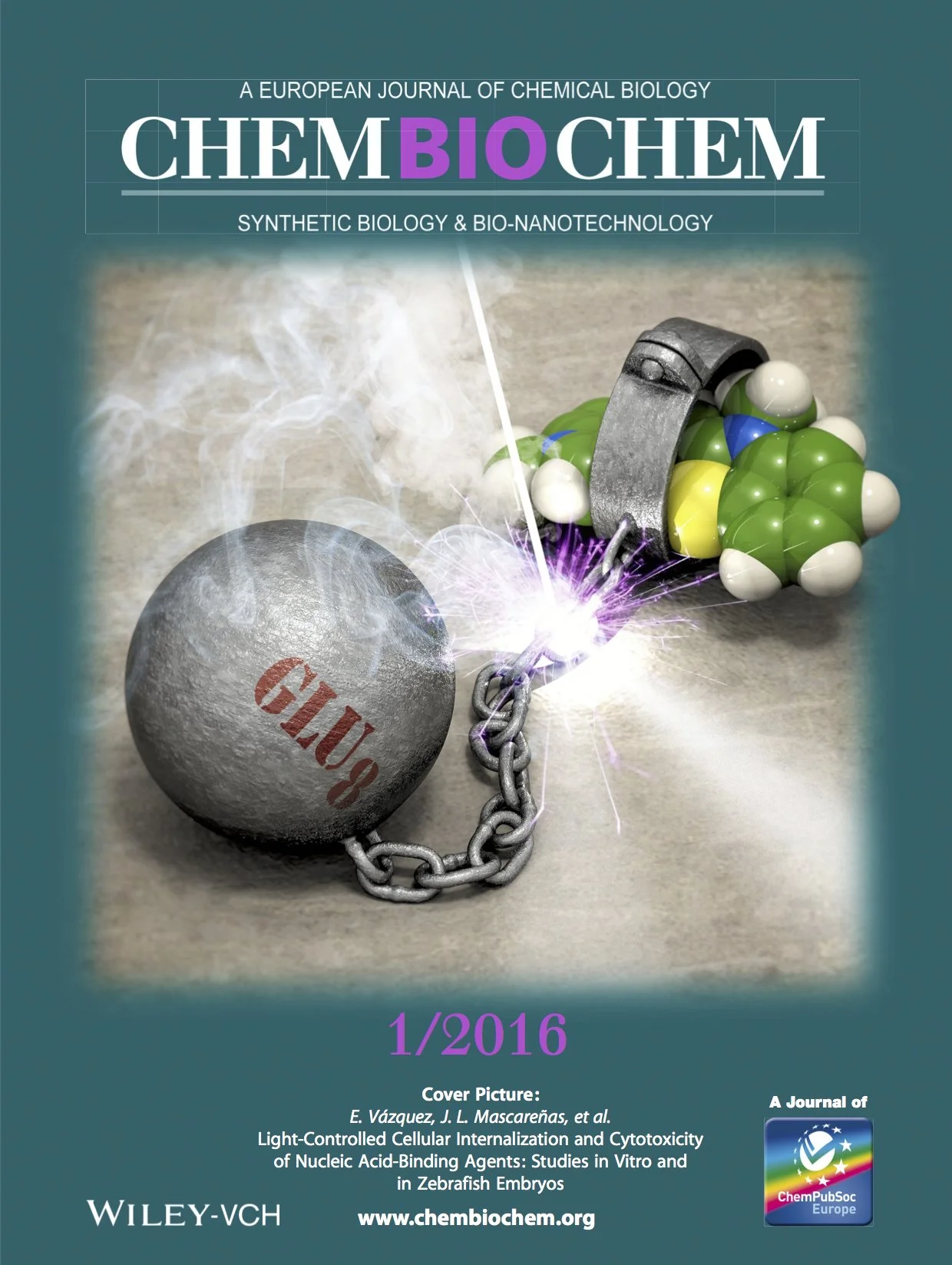 Cover of ChemBioChem journal featuring a science-themed illustration of a molecular structure with a chain and a metal component, set against a teal background.