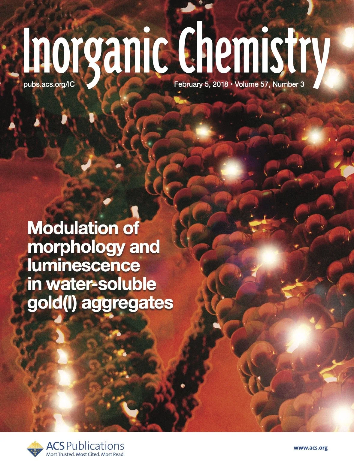 Cover of a scientific publication titled 'Inorganic Chemistry' dated February 5, 2018, featuring an image of a double helix DNA structure with a fiery, glowing background. The subtitle reads 'Modulation of morphology and luminescence in water-soluble