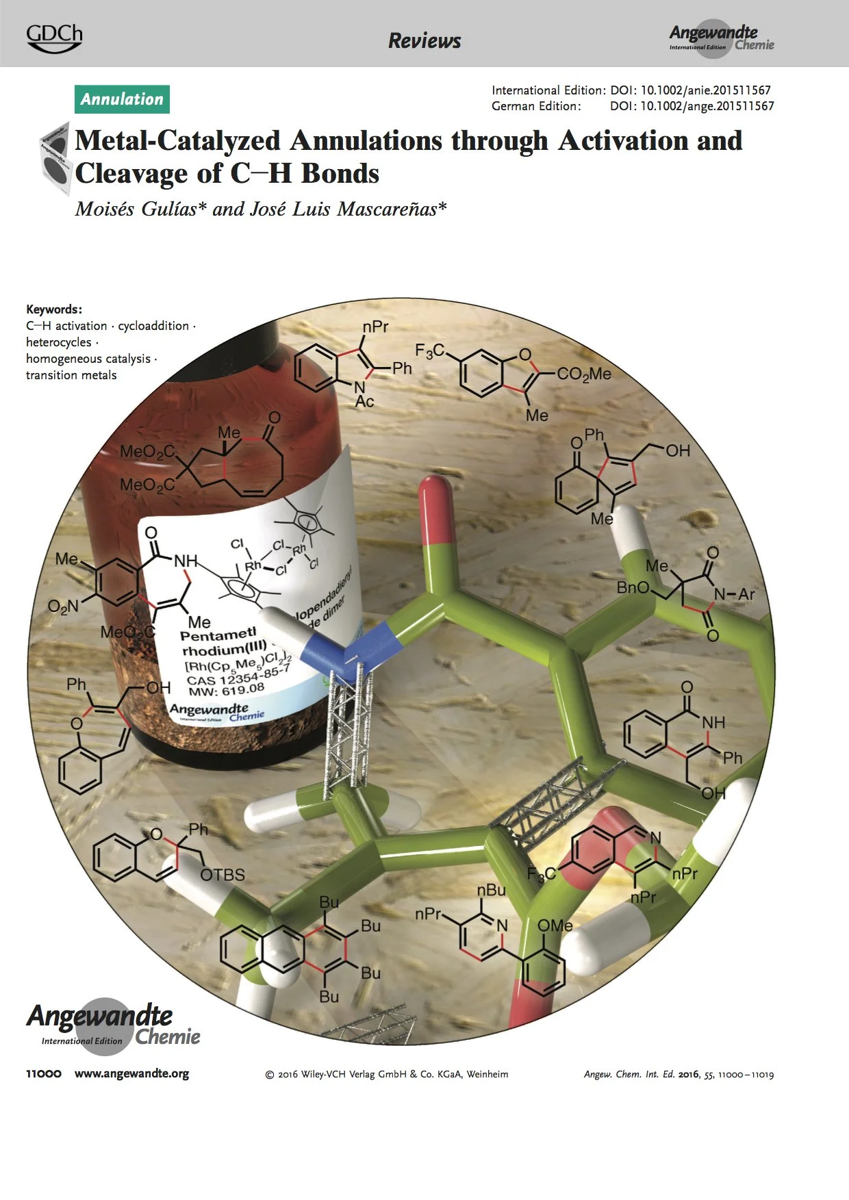 Scientific publication cover showing chemical structures, a medicine bottle labeled Pentamethyl rhodium(III), and molecular diagrams related to chemical reactions of C-H bonds in chemistry.