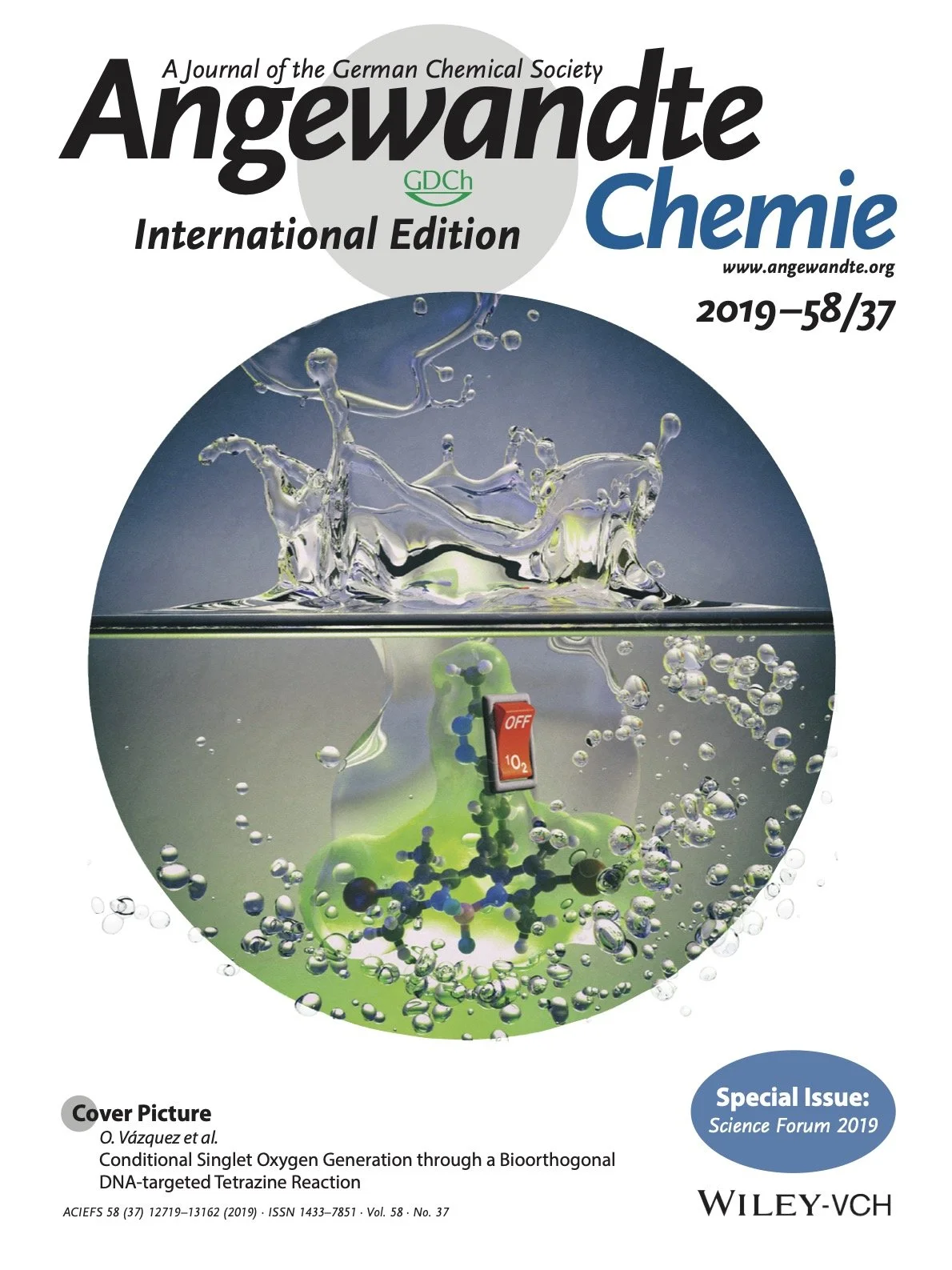 Cover of Angewandte Chemie journal featuring a scientific illustration of a molecular structure submerged in a liquid, with a switch labeled 'OFF' at the center.