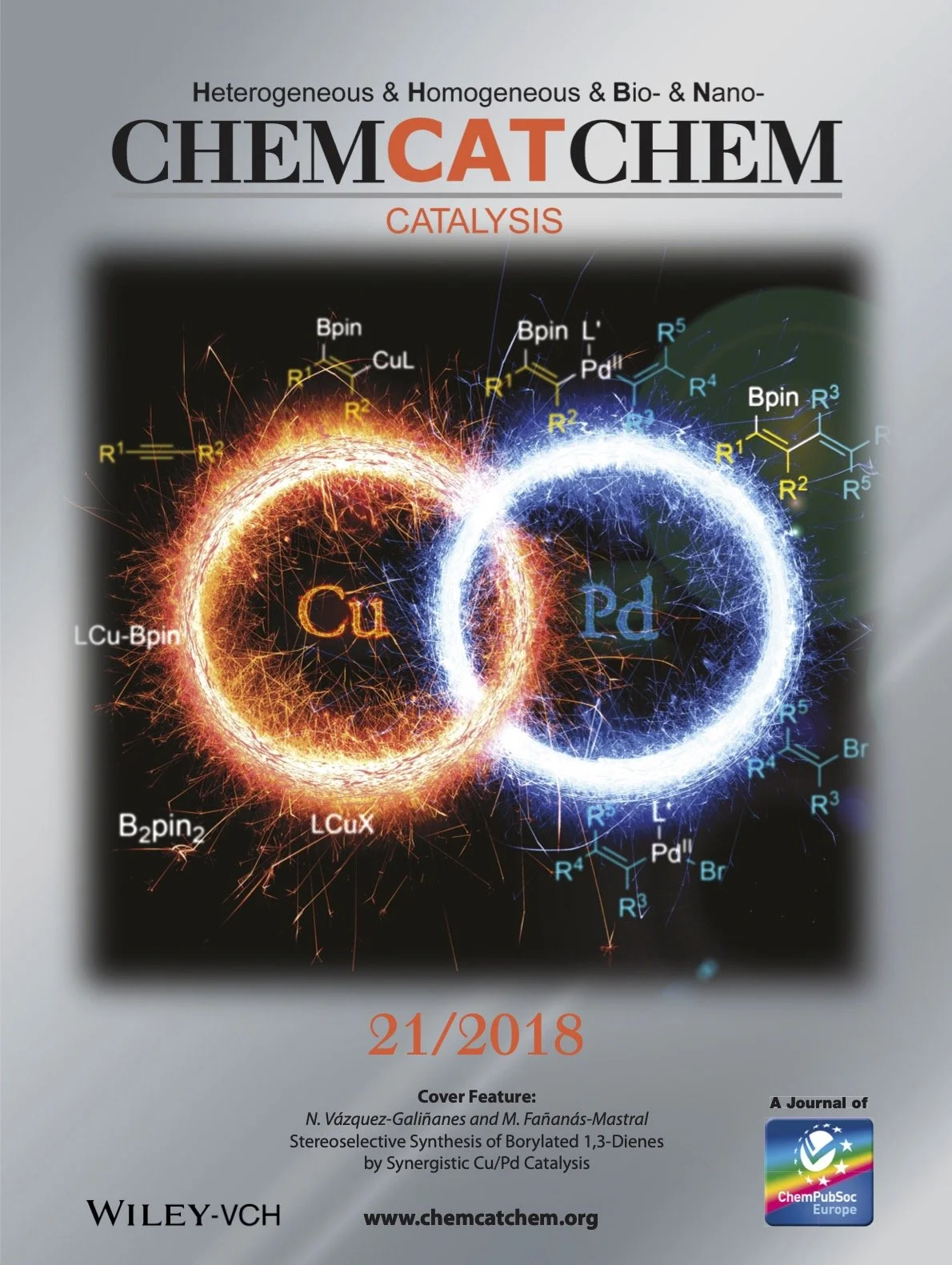 Cover page of ChemCatChem journal, showing the title and year 2018, with a graphic of interconnected molecular structures and glowing rings labeled Cu and Pd, representing chemical elements copper and palladium.