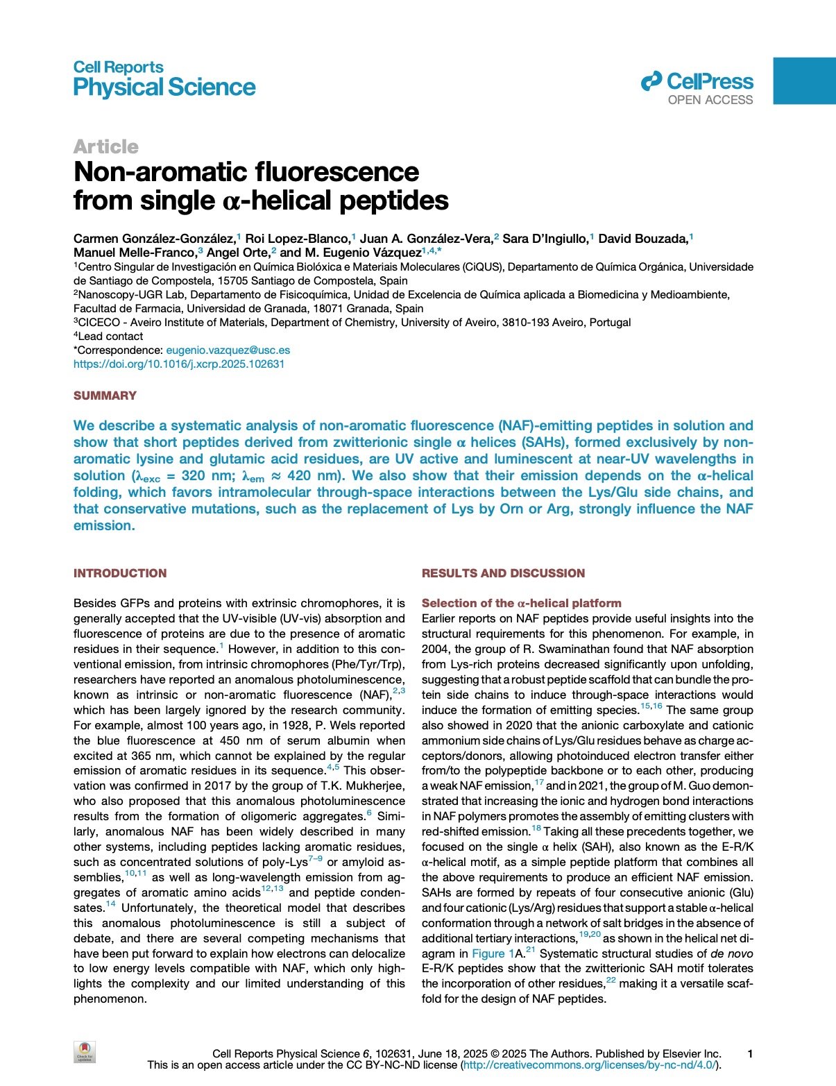 Research article titled "Non-aromatic fluorescence from single α-helical peptides" from Cell Reports Physical Science, with authors, summary, and publication details about fluorescence analysis of peptides.