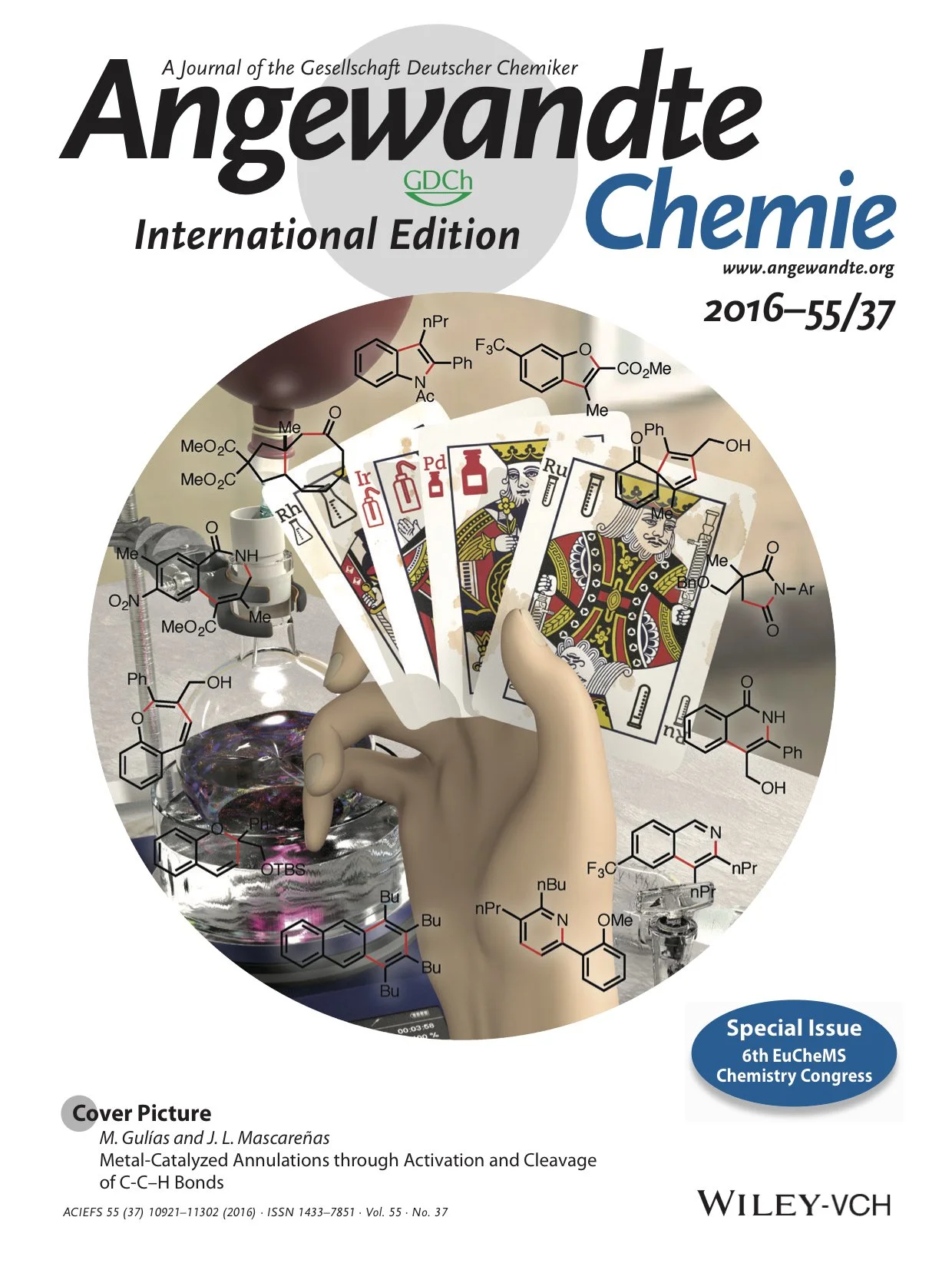 Cover of Angewandte Chemie journal featuring illustrations of chemical structures, playing cards, a hand holding a deck, and laboratory equipment related to chemistry research.