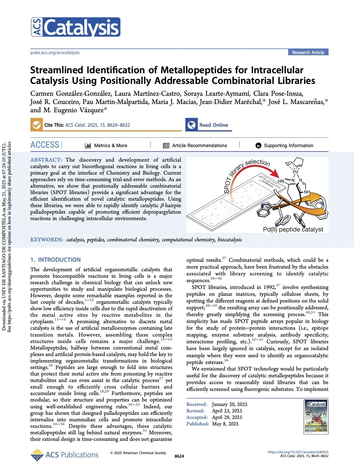 Scientific research article titled 'Streamlined Identification of Metallopeptides for Intracellular Catalysis Using Positionally Addressable Combinatorial Libraries' with a diagram of a peptide-catalyst complex and a chemical library.