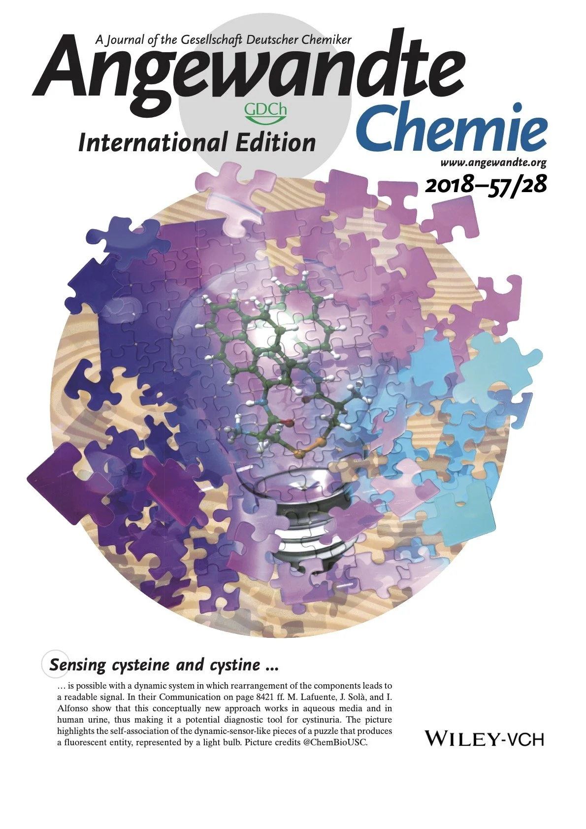 Cover of scientific journal 'Angewandte Chemie International Edition', featuring a colorful puzzle with a 3D molecular structure and a light bulb illustration, highlighting research on cysteine detection.