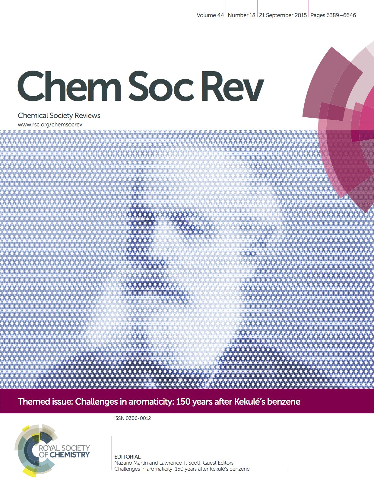 Cover page of a scientific journal titled "Chem Soc Rev" from September 21, 2015, featuring a halftone image of a person's face and a multicolored geometric circular design in the top right corner, with a purple banner at the bottom indicating the th