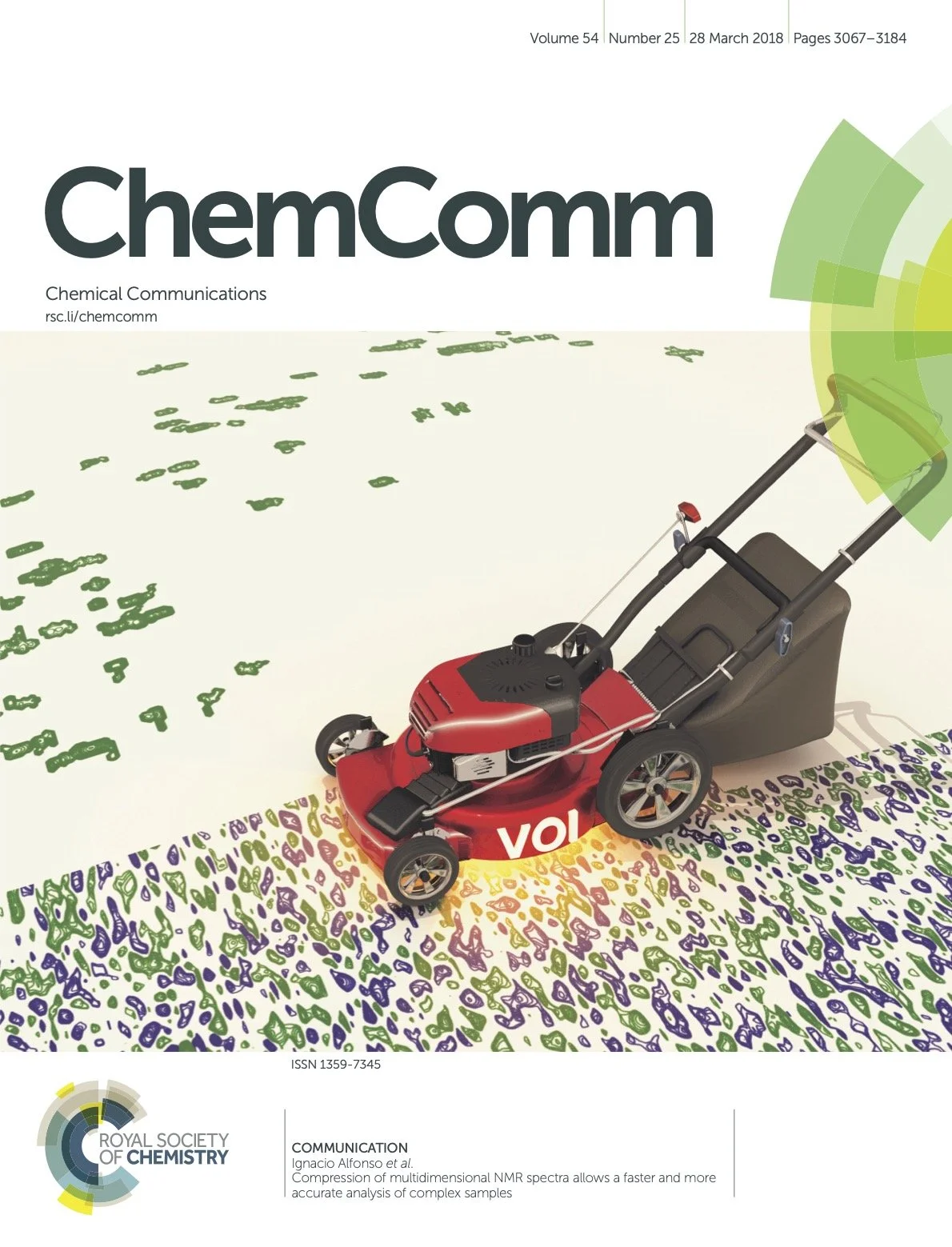 Cover of ChemComm journal with a robotic lawn mower on an abstract colorful background.