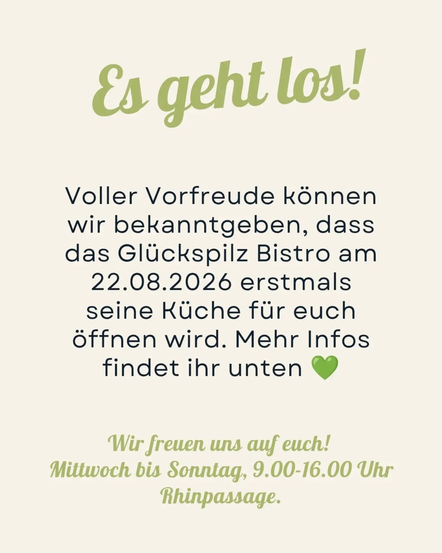 Es geht los! 💚 Voller Vorfreude k&ouml;nnen wir bekanntgeben, dass das Gl&uuml;ckspilz Bistro am 22.08.2026 erstmals seine K&uuml;che f&uuml;r euch &ouml;ffnen wird. Zun&auml;chst mit kleiner Tageskarte und dann ab 12.09.26 (offizieller Start der Au