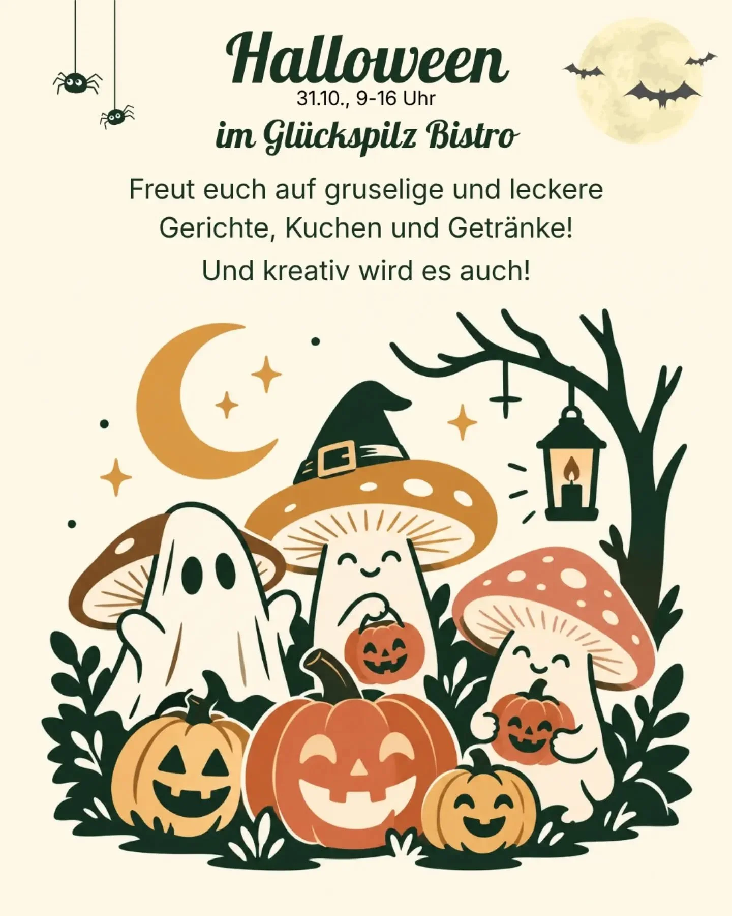 Halloween im Gl&uuml;ckspilz 🎃🍀🍄&zwj;🟫 schaurig -leckere Gerichte, Getr&auml;nke und Kuchen warten auf euch 💚 und wer mag, kann sich nebenbei kreativ austoben! F&uuml;r Gro&szlig; und Klein haben wir etwas vorbereitet. Wir freuen uns auf euch!

