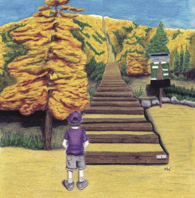 Cliff stands in a purple outfit on a yellow path, looking at a wooden staircase leading upward. The Incline is surrounded by yellow-orange trees and green bushes.