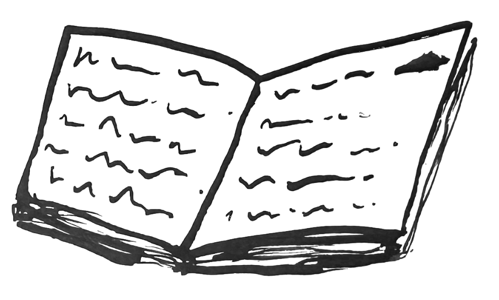 Sketch of an open book with handwritten text on both pages.