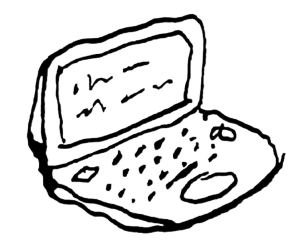 Sketch of an open laptop computer with a keyboard and a screen displaying abstract lines and shapes.