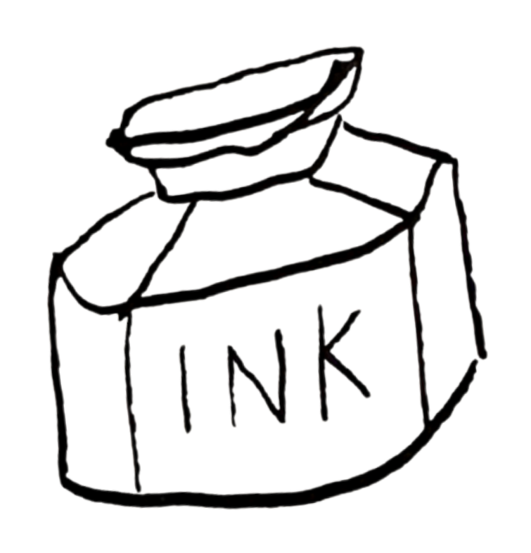 A black and white sketch of a bottle of ink with the word 'INK' written on it.