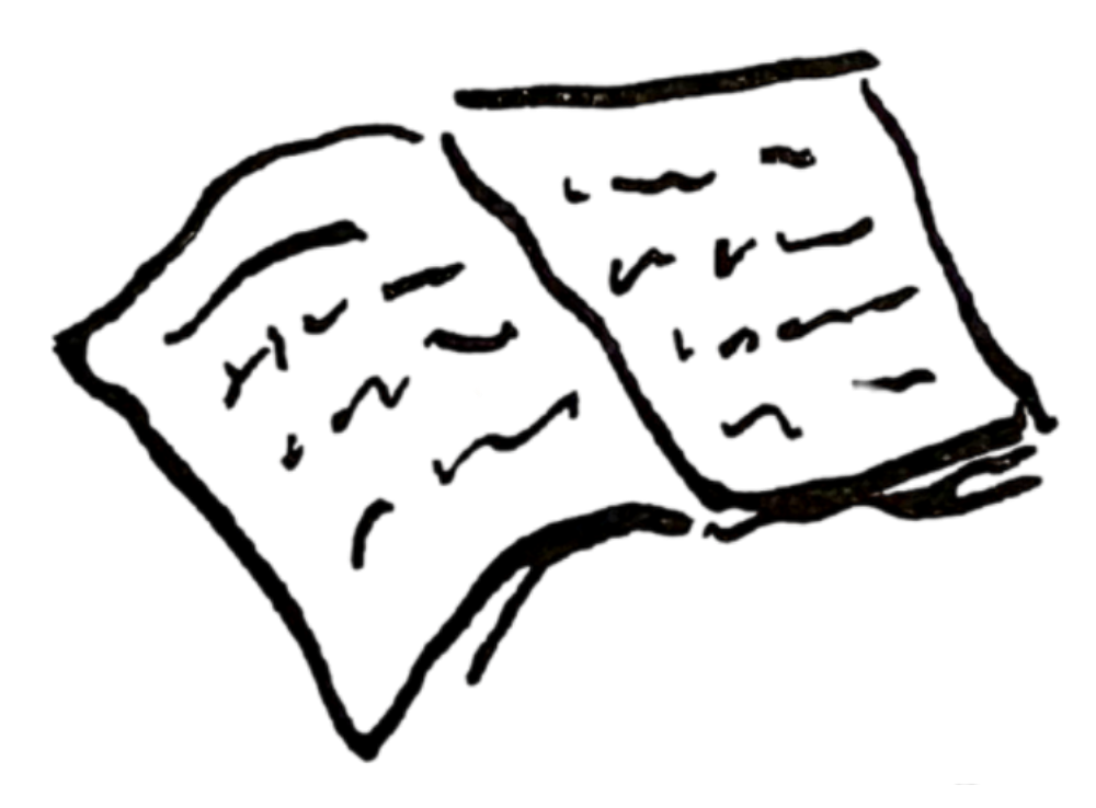 Outline drawing of open two-booklet with zigzag lines indicating text or illustrations inside.