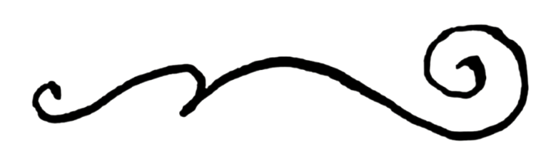 A white decorative swirl ornament on a black background.