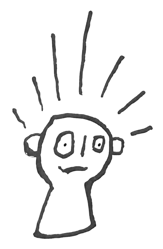 Simple black and white drawing of a person's face with a neutral expression, large eyes, round head, and lines extending from the top of the head representing hair or rays.