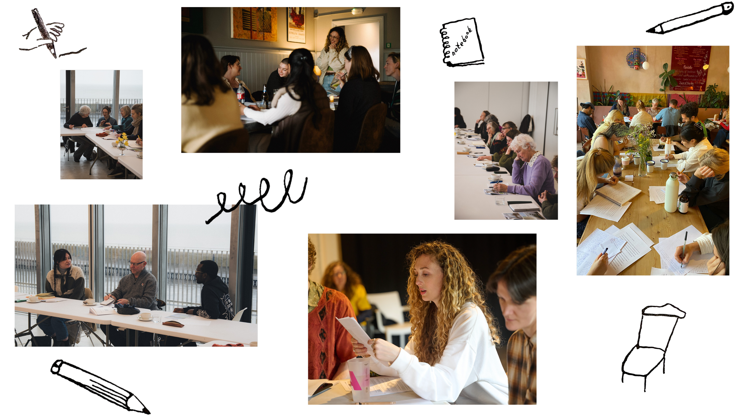 Collage of images showing people participating in meetings, discussions, and studying in various settings, including a conference room with elderly women, a group of women at a restaurant table, and individuals in a classroom or workshop.